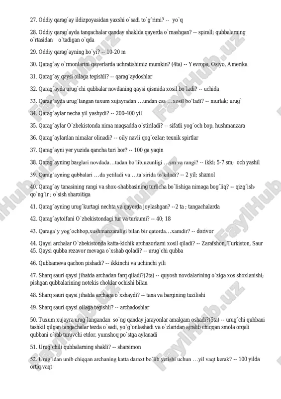 i qaysi jihatda archaga o`xshaydi? -- tana va bargining tuzilishi 49. sharq sauri qaysi oilaga tegishli? -- archadoshlar 50. tuxum xujayra urug`langandan so`ng qanday jarayonlar amalgam oshadi?(5ta) -- urug`chi qubbani tashkil qilgan tangachalar tezda o`sadi, yo`g`onlashadi va o`zlaridan ajralib chiqqan smola orqali qubbani o`rab turuvchi etdor, yumshoq po`stga aylanadi 51. urug`chili qubbalarning shakli? -- sharsimon 52. urug`idan unib chiqqan archaning katta daraxt bo`lib yetishi uchun …yil vaqt kerak? -- 100 yilda ortiq vaqt 53. virgin archasi qayerda nima maqsadda ekiladi? -- shahar ko`chalarda, maydonlarda, xiyobonlarda, istiroxat bog`larida; manzarali daraxt 54. virgin archasining vatani? -- shimoliy amerika 55. yer yuzida ochiq urug`lilarni qancha turi bor? -- 660 ta mavzu: sekvoyadendronga doir nazaryalar va ishlanish usullari 1)sekvoyadendron daraxtini 1 kg qubbasida-980 dona qubba mavjud 2) sekvoyadendron darxtida 1kg urug’ hosil bolshida, 196000 dona urug’ qatnashadi 1-masala : sekvoyadendron daraxtini 1.8 kg qubbasida necha dona qubba borligini toping a)1674 b)1764 c)1864 d)1877 yechimi; …