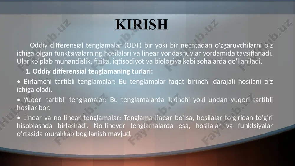 i. odatda, umumiy yechim yoki oshkor 𝑦−𝜑(𝑥,𝑐) yoki oshkormas 𝜑(𝑥,𝑦,𝑐)=0 ko’rinishda yoziladi. boshlang`ich (𝑥_0;𝑦_0) shart asosida s o`zgarmas 𝑦_0=𝜑(𝑥_0;𝑐) tenglamadan topiladi. ikki o’lchovli v vektor fazoning ikkita bazisi , bo’lsin. ikkinchi bazis vektorlarini birinchi bazis vektorlari bo’yicha yoyib yozamiz. va vektorlarining koordinatalaridan jadval tuzamiz, bu jadvalni ikkinchi tartibli kvadratik matritsa deyiladi. bu matritsani birinchi bazisdan ikkinchi bazisga o’tish matritsasi deb ham ataladi. son matritsa determinanti deyiladi va ko’rinishda yoziladi. |■8(𝑎_1&𝑏_1@𝑎_2&𝑏_2 )|≠0. agar |■8(𝑎_1&𝑏_1@𝑎_2&𝑏_2 )|=0 𝑎_1 𝑏_2−𝑏_1 𝑎_2=0 bo’lsa, u holda . demak, . bundan esa (𝑒 ⃗_1^′,𝑒 ⃗_2^′) bazis vektorlarning kollinearligi kelib chiqadi. bu esa ziddiyatdir. v2 fazoda cheksiz ko’p bazislar mavjud bo’lib, bulardan ikkitasini olaylik va ularni 𝐵_1 (𝑒 ⃗_1,𝑒 ⃗_2), 𝐵_2 (𝑒 ⃗_1^′,𝑒 ⃗_2^′) deb belgilaylik. 1-ta’rif. agar 𝐵_1 bazisdan 𝐵_2 bazisga o’tish matritsasining determinanti ∆>0 bo’lsa, 𝐵_1 va 𝐵_2^′ bazislar bir xil yo’nalishli yoki bir xil ismli deyiladi. agar ∆<0 bo’lsa, 𝐵_1 va 𝐵_2 lar har xil …