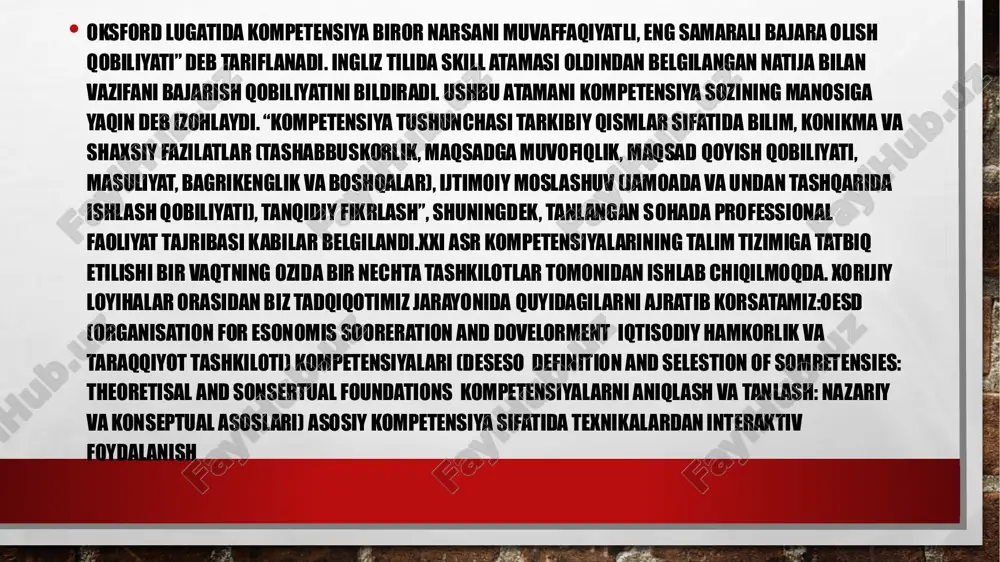 samarali boshqarish kabi masalalarda global yetakchilik qiladi. oesd global miqyosda xalqaro siyosatlarni shakllantirish va iqtisodiy rivojlanishni qollab- quvvatlashda hal qiluvchi rol oynaydi. u kop tomonlama hamkorlikni kengaytirib, rivojlanayotgan davlatlarga yordam korsatadi va ularga iqtisodiy barqarorlikka erishishda komak beradi.ushbu tashkilotga hozirda o‘zbekiston iqtisodiy hamkorlik va taraqqiyot tashkiloti (oesd)ga a’zo davlat emas. oesd asosan rivojlangan davlatlarni birlashtiradi, lekin u rivojlanayotgan davlatlar bilan ham turli dasturlar va tashabbuslar orqali hamkorlik qiladi. •shunga qaramay, o‘zbekiston oesd bilan iqtisodiy islohotlar, investitsiyalarni jalb qilish, savdo, soliq siyosati va boshqa sohalarda hamkorlik qiladi. oesd turli yillik hisobotlarda va tadqiqotlarda o‘zbekistonning iqtisodiy ko‘rsatkichlarini ham o‘z ichiga oladi. bu davlat oesdga togridan-togri azo bolmagan bolsa-da, ushbu tashkilot bilan hamkorlikni kengaytirishga qiziqmoqda.iqtisodiy hamkorlik va taraqqiyot tashkiloti (oesd)ga 38 davlat a'zo bolib, ular dunyoning eng rivojlangan va iqtisodiy jihatdan kuchli davlatlaridir. e‘tiboringiz uchun tashakkur slide 1: andijon davlat pedagogika instituti pedagogika fakulteti boshlang‘ich ta’lim yo‘nalishi 303-guruh talabasi baxodirjonova zarnigorning xalqaro baholash …