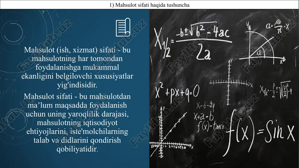 arzida namoyon bo’ladi. tovar ishlab chiqaruvchilar (tadbirkorlar) o’z tovarlarini yuqoriroq narxda sotib, ko’proq foyda olish uchun kurashadilar, iste’molchilar kamroq harajat qilgan holda o’z manfaatlarini ko’proq qondirishga intiladilar. 2) raqobatbardoshlilik tushunchasi va unga ta’sir etuvchi omillar mahsulot raqobatbardoshligini tan inlovchi unsurlar: 2) raqobatbardoshlilik tushunchasi va unga ta’sir etuvchi omillar jaxon standartlariga mos hold a ishlab chiqarilishi korxona marketing siyosatining yaxshi yo'lga qo'yilganligi ishlab chiqarish xarajatlarini maksimal tarzda kamaytirish va boshqalar nou-xauning yaxshi yo'lga qo'yilganligi yangi texnika texnologiyalardan foydalanish haridor muayyan mahsulotning qanday ko`rinishda bo`lishini istaydi, bu mahsulotga qaerda va qancha talab paydo bo`ladi? bu savollar puxta o`rganilib, har bir muhandisga, konstruktorga va ishlab chiqaruvchiga yetkazilishi lozim. korxonalarning bozor iqtisodiyoti sharoitidagi mustaqilligi ulardan ishlab chiqarish natijalari uchun javobgarlikni o`z zimmasiga olishni ko`zda tutadi. ba`zi korxonalar javobgarlikni o`z zimmalariga olishdan qo`rqib, xo`jalik yuritishda erkin bo`lishni xohlamaydilar. bu ulaming moliyaviy ahvoli va bozordagi mavqeyiga salbiy ta`sir ko`rsatadi. marketing nuqtayi nazaridan fikr qilish, ya`ni unga …
