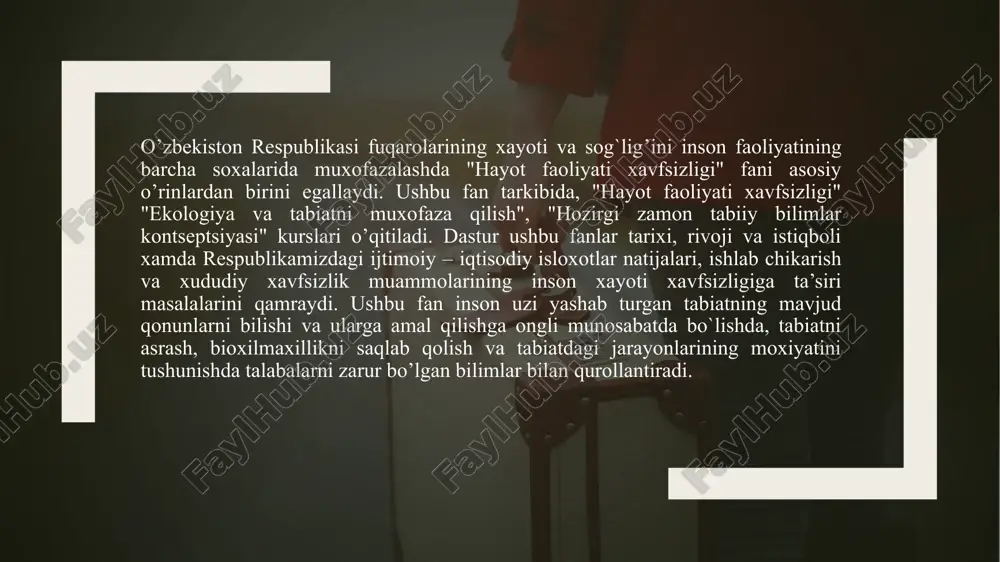 ariga muvofiq fuqarolik mudofaasi sohasida tayyorgarlikdan o'tadilar (rossiya federatsiyasi hukumatining 2000 yil 2 noyabrdagi 841-sonli qaroriga qarang). fuqarolik mudofaasi sohasida aholini o'qitish to'g'risidagi nizom") 10-modda. rossiya federatsiyasi fuqarolarining fuqarolik mudofaasi sohasidagi huquq va majburiyatlar sanab o'tilgan qonunlarning ayrim qoidalarini buzganlik uchun rahbarlar va xodimlar nafaqat ma'muriy, balki jinoiy javobgarlikka ham tortilishi mumkin. sanab o'tilgan hujjatlarda fuqarolarni hayot xavfsizligi sohasida o'qitish mexanizmlari juda aniq ifodalangan. "aholini va hududlarni tabiiy va texnogen xususiyatli favqulodda vaziyatlardan himoya qilish to'g'risida" federal qonunining 20-moddasi, shuningdek, "fuqaro mudofaasi to'g'risida" federal qonunining 10-moddasi fuqarolarning fuqarolik mudofaasi sohasida majburiy tayyorgarligini ko'rsatadi. va favqulodda vaziyatlardan himoya qilish. bunday treningni o'tkazish tartibi rossiya federatsiyasi hukumatining 2003 yil 4 sentyabrdagi 547-sonli va 2000 yil 2 noyabrdagi 841-sonli tegishli qarorlari bilan belgilanadi. ushbu hujjatlar qisman "hayot xavfsizligi" fanining mazmunini belgilaydi. rossiya federatsiyasi fuqarolarini quyidagimajburiyatlari bor: aholini va hududlarni favqulodda vaziyatlardan himoya qilish sohasidagi rossiya federatsiyasi qonunlari va boshqa normativ-huquqiy hujjatlariga, rossiya federatsiyasining …