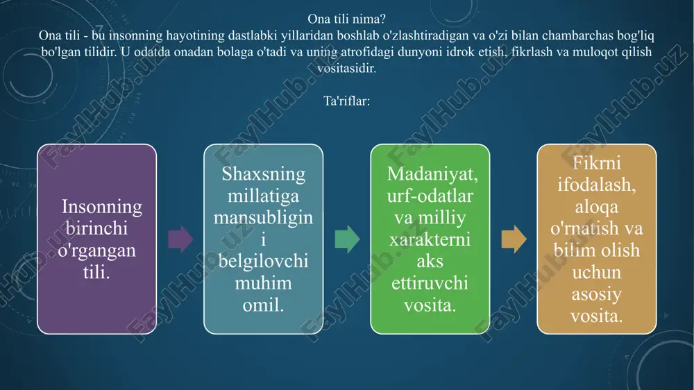 'zbek tilidagi “mehmon aziz” iborasi o'zbek xalqining mehmondoʻstligini ko'rsatadi. 2. milliy xarakter va mentalitet ifodasi: til, millatning oʻziga xos xususiyatlarini, ya'ni mentalitetini, dunyoqarashini va qadriyatlarini aks ettiradi. masalan, ba’zi tillarda murakkab ijtimoiy ierarxiyani aks ettiruvchi murojaat shakllari mavjud boʻlsa, boshqalarida esa tenglik va doʻstlik koʻproq ta'kidlanadi. 3. tarixiy xotirani saqlash: til, millatning tarixiy xotirasini saqlaydi. qadimiy soʻzlar, toponimlar (joy nomlari) va tarixiy voqealarga oid iboralar oʻtmish bilan bogʻlanishga yordam beradi. masalan, samarqand, buxoro kabi shaharlar nomlari oʻrta osiyo tarixining guvohidir. 4. oʻziga xoslikni belgilash: til, millatning oʻziga xosligini belgilovchi asosiy omillardan biridir. til orqali bir millat vakillari oʻzlarini boshqa millatlardan ajratib turadi. tilning yoʻqolishi, millatning yoʻqolishi bilan tengdir. 5. dunyoni idrok etish usuli: til, odamlarning dunyoni qanday idrok etishiga ta’sir qiladi. turli tillarda ranglar, vaqt, makon va boshqa tushunchalar turlicha ifodalanishi mumkin. bu esa, har bir millatning oʻziga xos dunyoqarashini shakllantiradi. oʻzbek tili – turkiy tillar oilasiga mansub, oʻzining boy …