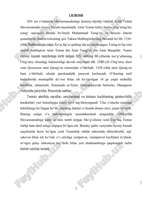 onlariga qarshilik ko‘rsatish imkoniga ega bo‘ldilar. ma’lumki, amir temur mo‘g‘ul hokimiga qaram edi. vaqti kelib, movaraunnahrni boshqarishni tug‘luq temur o‘z o‘g‘li ilyosxo‘jaga topshirdi. mustaqil bo‘lishga harakat qilib yurgan amir temur yangi hukmdorga itoat etmadi. buning oqibatida yangi ziddiyat yuzaga chiqdi. amir husayn bilan sohibqiron temurning bir-birlari bilan juda yaqinlashgan va yaxshi munosabatda bo‘lgan davrlar 1361-1365-yillarni o‘z ichiga oladi. amir temurning hayotida ro‘y bergan va bir umrga unga tan jarohatini muhrlagan voqea 1362-yilda seyistonda bo‘lib o‘tgan. amir temur jang vaqtida o‘ng qo‘lini tirsagidan va o‘ng oyog‘idan kamon o‘qi tegishidan qattiq jarohatlanadi. buning oqibatida u bir umr oqsoqlanib yuradi. shu bois undan dahshatga tushgan dushmanlari amir temurni hasad bilan “temurlang” deb atashgan. tug‘luq temur o‘limidan so‘ng 1363-yilda movaraunnahr tuprog‘idan haydalgan mo‘g‘ul xoni ilyosxo‘ja yangidan juda katta lashkar bilan avvalgi mulklarini egallab olish maqsadida movaraunnahr tomon harakat qila boshlaydi. mo‘g‘ul xoni ayniqsa o‘zining raqiblariga nisbatan qahrli kayfiyatda ekanligi ham ma’lum edi. temur va …