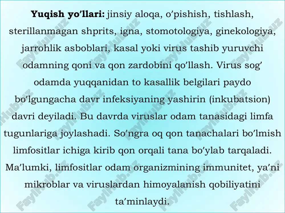 i bir vaqtda parijda prof. lyuk montanye hamda aqshda prof. gallo boshchili- gidagi olimlar tomonidan kashf etilgan (1983 y.). o‘zbekiston prezidentining qozog‘istonga rasmiy tashrifi boshlandi o‘zbekiston respublikasi prezidenti islom karimov qozog‘iston respublikasi prezidenti nursulton nazarboyevning taklifiga binoan 24-noyabr kuni rasmiy tashrif bilan ostona shahriga keldi. shu kunning o‘zida ikki davlat rahbarlarining uchrashuvi bo‘ldi. mamlakatlarimiz o‘rtasidagi hamkorlikni rivojlantirishning muhim masalalari, markaziy osiyo va uning atrofidagi vaziyat, shuningdek, tomonlarni qiziqtirgan dolzarb xalqaro muammolar muhokama qilindi.  o‘zbekiston – umumiy uyimiz  samarqandda o‘zbekiston respublikasi konstitutsiyasi qabul qilinganligining 22-yilligi munosabati bilan “xalqlar do‘stligi” festivali bo‘lib o‘tdi.  tadbirda prezidentimiz rahnamoligida mamlakatimizda millatlararo totuvlik va diniy bag‘rikenglik muhitini ta’minlash, yurtimizda istiqomat qilayotgan turli millat va elat vakillari o‘rtasidagi do‘stona munosabatlarni mustahkamlashga alohida e’tibor qaratilayotgani ta’kidlandi. bu boradagi huquqiy asoslar o‘zbekiston respublikasi konstitutsiyasi va boshqa qonunlarda mustahkamlab qo‘yilgan.  polvonlarimiz sovrindorlar safida  yaponiyaning narita shahrida sambo bo‘yicha o‘tkazilgan jahon chempionatida sportchilarimiz sakkizta bronza medalni …