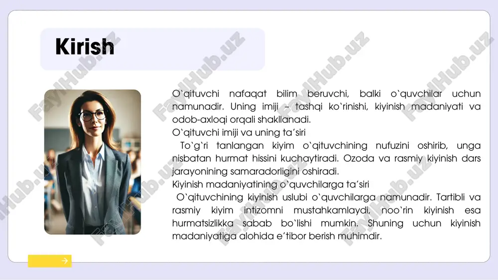 in taqinchoqlar rasmiy muhitga mos keladi. shaxsiy gigiyena va to‘g‘ri aksessuar tanlovi o‘qituvchining professional qiyofasini mustahkamlaydi. shaxsiy gigiyena va aksessuarlar o‘qituvchining kiyinish imiji – bu nafaqat tashqi ko‘rinish, balki uning hurmat va obro‘sini belgilovchi muhim omildir. to‘g‘ri tanlangan kiyim va ozoda qiyofa o‘quvchilarga ijobiy ta’sir ko‘rsatib, ularga namunali bo‘lish imkonini beradi. o‘qituvchi: ✅ kasbiy va rasmiy uslubga rioya qilishi kerak. ✅ toza va ozoda bo‘lishi lozim. ✅ minimal va mos aksessuarlardan foydalanishi tavsiya etiladi. ✅ komfort va mavsumiy moslashuvni hisobga olishi muhim. shunday qilib, o‘qituvchi imiji – nafaqat uning shaxsiy tanlovi, balki ta’lim muhitining muhim qismidir. xulosa etiboringiz uchun rahmat