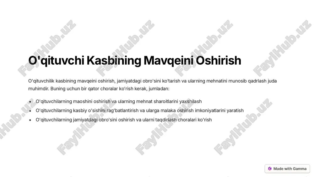 xshilash, o'qitish sifatini oshirish va o'qituvchilarning o'qituvchilik kasbiga bo'lgan qiziqishini oshirishga yordam beradi. o'qituvchining moddiy-texnik ta'minotiga tegishli sharoitlar yaratilishi, davlat tomonidan o'qituvchilik kasbiga qiziqishni oshirishda muhim rol o'ynaydi. https://gamma.app/?utm_source=made-with-gamma o'qituvchining mehnat shartnomasi va oylik maoshi o'qituvchining mehnat shartnomasi va oylik maoshi uning mehnat huquqlarini himoya qilish va o'qituvchilik kasbiga bo'lgan qiziqishni oshirishda muhim rol o'ynaydi. o'qituvchining mehnat shartnomasi unga o'z mehnati uchun to'lov, dam olish va kasallik ta'tillari, ijtimoiy sug'urta va boshqa huquqlarini kafolatlaydi. oylik maoshi esa o'qituvchining hayot darajasini oshirish va o'qituvchilik kasbiga bo'lgan qiziqishini saqlab qolishda muhim omil hisoblanadi. mehnat shartnomasi oylik maoshi ish vaqti va ish sharoitlari ish staji va malakaga qarab dam olish va kasallik ta'tillari qo'shimcha mukofotlar va bonuslar ijtimoiy sug'urta qonun bilan belgilangan minimal miqdor https://gamma.app/?utm_source=made-with-gamma o'qituvchining kasbiy malakalari va kompetensiyalari o'qituvchining kasbiy malakalari va kompetensiyalari uning o'qituvchilik faoliyatini samarali bajarish uchun zarurdir. bu pedagogik bilimlar, o'qitish usullari, o'quvchilar bilan muloqot qilish ko'nikmalari, o'quv …