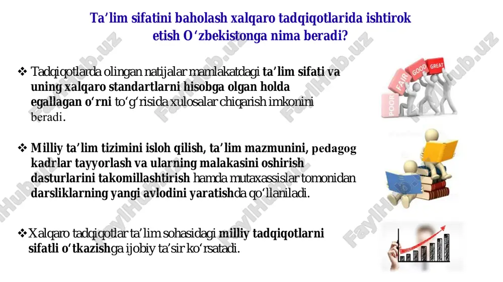 t darajada o‘qishni yoqtirmaydi o ‘q uv ch ila rn in g o‘ rt ac ha ba lla ri o‘qish faniga qiziqishlari va o‘quvchilarni bu fan bo‘yicha o‘z bilimlariga bo‘lgan ishonchlari o‘quvchilar % to‘liq ishonadilar o‘rta darajada ishonadilar o‘zlariga nisbatan ishonchlari kam o ‘q uv ch ila rn in g o‘ rt ac ha ba lla ri yaxshi kitobxonlar samarali ta’limga yo‘naltirilgan maktablarga boradilar yuqori natijaga qaratilgan o‘quv jarayon; 1-sinfga o‘quvchilarni to‘liq tayyorliklari; moddiy texnika bazasi yuqori, past bo‘lsa ham ta’lim sifatiga ta’siri kam; kuchli ijtimoiy himoya va belgilangan tartib. tahlillar natijasidagi belgilangan vazifalar: jamiyat maktaboila o‘qishga nisbatan yuqori motivatsiyani shakllantirish 1.. tahlillar natijasidagi belgilangan vazifalar: 2. mtmda maktabga samarali tayyorlash ishlarini takommillashtirish; 3. dastur va darsliklarni takomillashtirish va fanlararo integratsiyalashgan mavzularni joriy etish; 4. samarali o‘qish va o‘qib tushunish ko‘nikmalarini rivojlantirishga qaratilgan metodlardan darslarda foydalanish; 5. o‘qishda qiyinchiliklari mavjud o‘quvchilar bilan samarali ishlashni tashkil etish. pdf ma’lumotlar refleksiya •bir …
