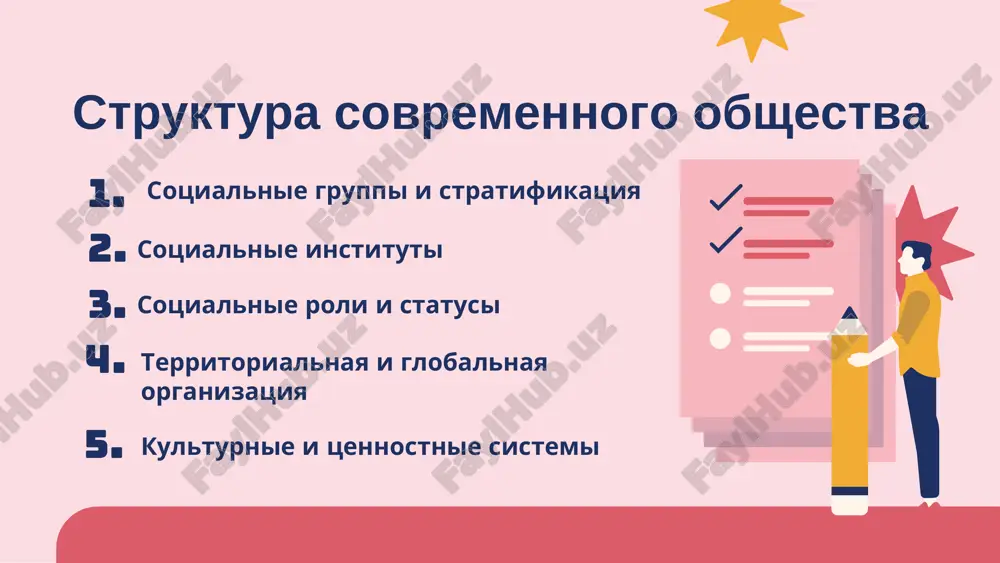 klassovimi, etnicheskimi, ekologicheskimi konfliktami. funktsiya sostoit v ix razreshenii cherez peregovori, zakoni, mejdunarodnoe sotrudnichestvo. sozdanie i rasprostranenie znaniy, iskusstva, texnologiy. v sovremennosti: tsifrovizatsiya kulturi (strimingovie platformi, virtualnaya realnost), uskorenie innovatsiy. obshestvo doljno reagirovat na vizovi: klimaticheskie izmeneniya, texnologicheskie revolyutsii (ii, biotexnologii), demograficheskie sdvigi (starenie naseleniya v razvitix stranax). primer: razvitie «zelenoy» ekonomiki kak otvet na ekologicheskiy krizis. globalizatsiya 1 2 3 4 osobennosti sovremennogo obshestva (xxi vek) sekulyarizatsiya i plyuralizm umenshenie roli religii v razvitix stranax, rost tolerantnosti k raznoobraziyu vzglyadov, orientatsiy, stiley jizni. internet, iskusstvenniy intellekt, avtomatizatsiya izmenili trud, kommunikatsiyu i sotsialnie svyazi. integratsiya ekonomik, kultur, informatsionnix potokov. primeri: mejdunarodnaya torgovlya, migratsiya, internet. sekulyarizatsiya i plyuralizm individualizatsiya aktsent na lichnoy svobode, samorealizatsii, pravax cheloveka, chto kontrastiruet s kollektivizmom traditsionnix obshestv. 1 2 43 teoreticheskie podxodi k analizu funktsionalizm (parsons): obshestvo kak sistema, gde kajdaya chast vipolnyaet svoyu funktsiyu dlya podderjaniya tselogo. konfliktologiya (marks, darendorf): obshestvo kak arena borbi klassov, …