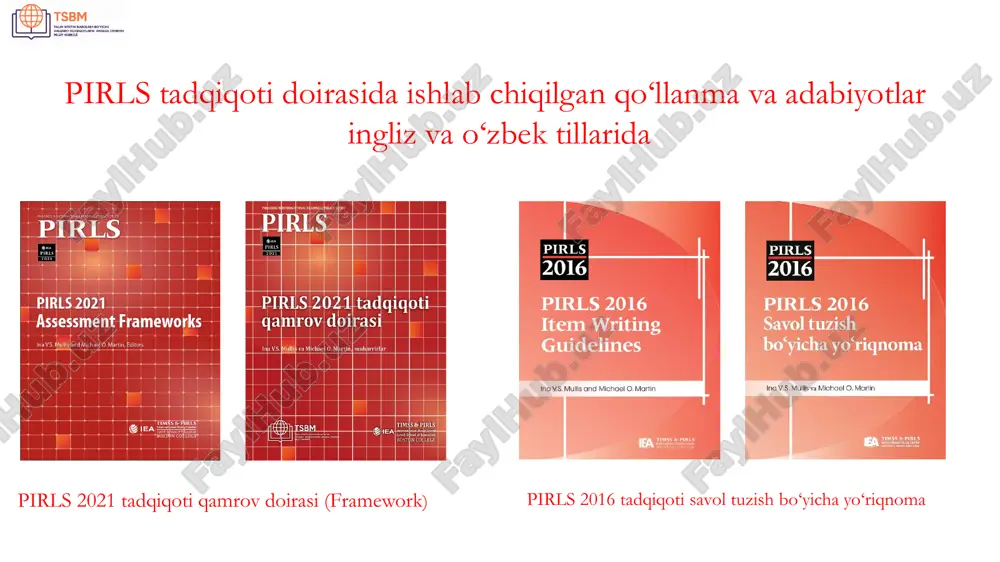 avob variantli yoki bir yoki ikki ballik javob yozishni talab qiladigan ochiq savollardan iborat boʻladi); talqin qilish va umumlashtirish: 5 balldan 6 ballgacha (2 yoki 3 tadan savol boʻlishi mumkin, chunki savollar asosan 2 yoki 3 ballik javob yozishni talab etadigan uzunroq ochiq savollardan iborat boʻladi); baholash va tanqidiy baho berish: 3 balldan 4 ballgacha (bunda odatda bir necha har xil turdagi savollar beriladi, shu sababli savollar 4 ta muqobil javob variantidan tortib bitta javob yozishni talab qiladigan uch ballik ochiq savollargacha boʻlishi mumkin). pirls tadqiqoti qamrov doirasiga murojaat pirls tadqiqoti doirasida tuzilgan har bir savol pirls qamrov doirasida keltirilgan oʻqish jarayonlaridan va maqsadlardan birini baholay olishi lozim. oʻquvchilarning oʻqib tushunish koʻnikmalarini toʻgʻri baholash uchun har bir matn tarkibidagi savollarga ajratilgan umumiy ball kamida 15 ball bo‘lishi kerak. tajriba sinovi va qayta ko‘rib chiqish jarayonida ayrim savollar olib tashlanishini inobatga olib, har bir matn yuzasidan umumiy 18-20 ballga teng savollar …
