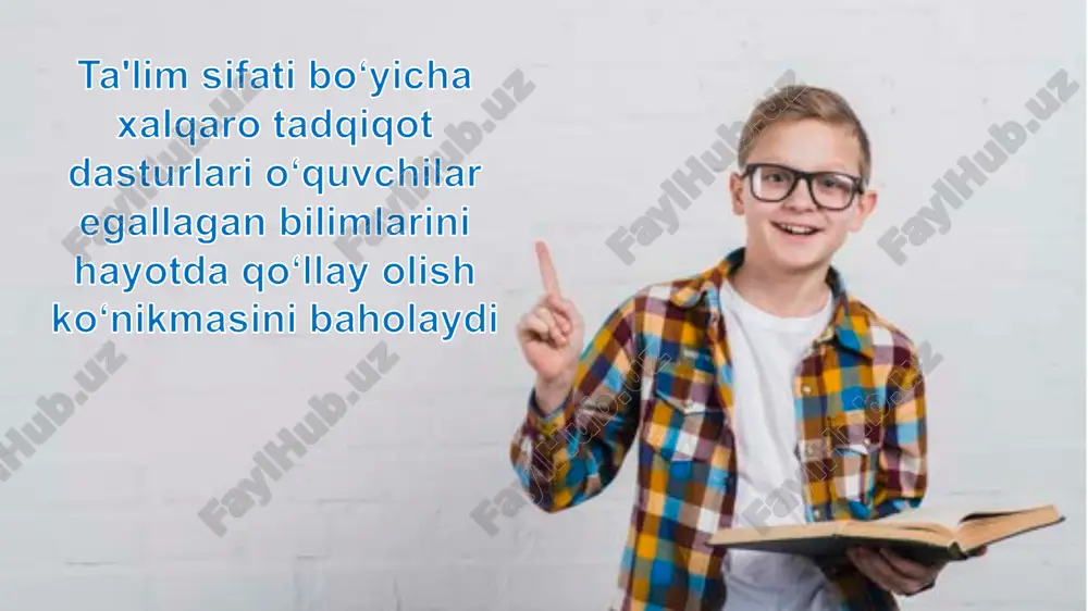 w.linkedin.com/ https://twitter.com/ i9 presentation to joe smith23 tabiiy fanlar bo‘yicha savodxonlik kompetensiyalari hodisalarni ilmiy jihatdan tushuntirish 01 ilmiy tadqiqotlarni loyihalash va baholash 02 ma'lumotlar va dalillarni ilmiy talqin qilish 03 https://www.facebook.com/ https://www.linkedin.com/ https://twitter.com/ i9 presentation to joe smith24 ilmiy bilish turi (bilim) fanning mazmuniga oid bilimlar 01 fandagi asosiy tushunchalar, nazariyalar, qonuniyatlar metodologik bilimlar 02 epistemik bilimlar 04 ilmiy tadqiqot metodlari va tadqiqot jarayonlari ilmiy tadqiqot metodlarining imkoniyatlari va tadqiqotlarning ahamiyati https://www.facebook.com/ https://www.linkedin.com/ https://twitter.com/ i9 presentation to joe smith25 salomatlik tabiiy resurslar atrof-muhit xavf-xatar ilm-fan va texnologiyalar sohasidagi yangi bilimlar 01 02 03 05pisa topshiriqlari konteksti 04 https://www.facebook.com/ https://www.linkedin.com/ https://twitter.com/ i9 presentation to joe smith26 hayotiy ko‘nikmalarni shakllantirish hayotiy ko‘nikmalarni shakllangankigini aniqlash va baholash muammolar https://www.facebook.com/ https://www.linkedin.com/ https://twitter.com/ i9 presentation to joe smith27 moslashuvchanlik yuqori fikrlash darajasi muammoni hal qila olish tadqiqotchilik jamoada ishlay olish bilimlarni kundalik faoliyatda qo‘llay olish https://www.facebook.com/ https://www.linkedin.com/ https://twitter.com/ i9 presentation to joe smith28 an'anaviy savol …