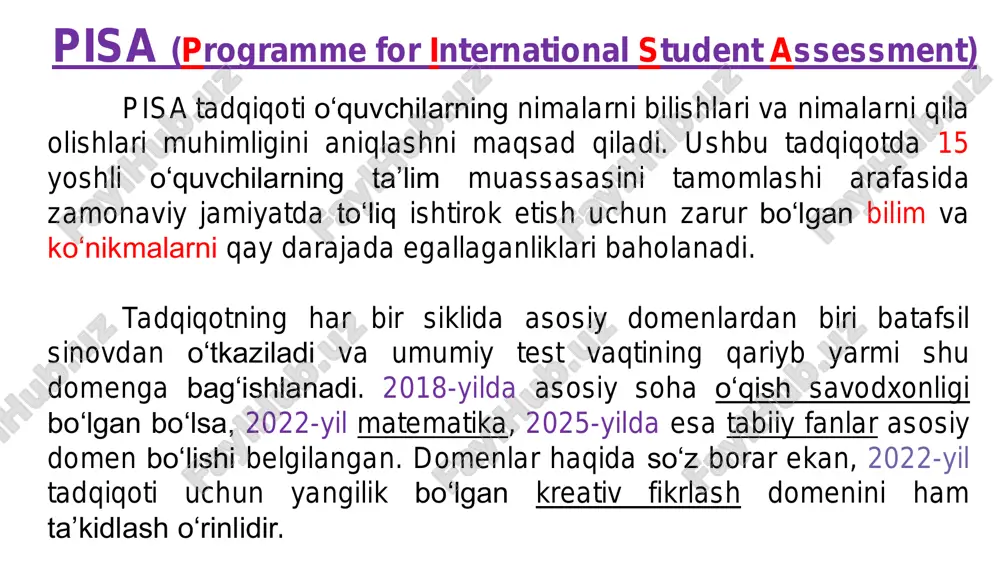r. ilmiy jihatdan savodli inson fan va texnologiya to‘g‘risida asosli munozara bilan shug'ullanishga tayyor bo‘lib, bunda hodisalarni ilmiy tushuntirish, ilmiy izlanishlarni baholash va loyihalash, ma'lumotlar va dalillarni ilmiy izohlash kompetentsiyalari talab etiladi. tabiiy fanlar yosh avlodning yaratuvchanlik kompetensiyasi bilan ishlash, bilim olishni rag‘batlantiruvchi, muammolarga o'ziga xos va samarali yechim topishga yo‘naltiruvchi g‘oyalarni shakllantirish, bilim olishda yoki ta'sirli tasavvur ifodalarini bayon qilishda yuksalish qobiliyati. kreativ fikrlash o‘qish savodxonligi pisa tadqiqotida o‘quvchilarning o‘qish savodxonligini baholovchi turli savollarning tasnifi va ularning taqsimlanishi matn turlari tasvirlovchi isbotlovchi xususiyatli ifodalovchi ko‘rsatma beruvchi o‘zaro munosabatli tutli (xilma-xil) hikoyaviy kelishuv xususiyatli o‘qish savodxonligi pisa tadqiqotida o‘quvchilarning o‘qish savodxonligini baholovchi turli savollarning tasnifi va ularning taqsimlanishi matn formati uzun matnlar qisqa matnlar aralash matnlar o‘qish savodxonligi pisa tadqiqotida o‘quvchilarning o‘qish savodxonligini baholovchi turli savollarning tasnifi va ularning taqsimlanishi kognitiv (aqliy) jarayonlar bitta matn bir nechta matn qidirish va topish to‘g‘ridan to‘g‘ri ma’nosini ifodalash xulosalarni umumlashtirish matnnning sifati va …