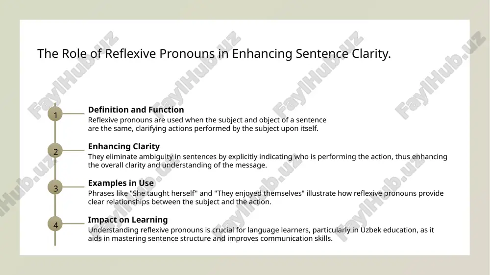 ooperation among individuals. language nuances in uzbek, the use of reciprocal pronouns highlights the language's nuanced approach to expressing shared actions, which enhances clarity in communication and fosters understanding. educational impact teaching reciprocal pronouns in uzbek language education enriches students' grasp of interpersonal dynamics, encouraging effective communication and promoting cultural awareness in language usage. the role of reflexive and reciprocal pronouns in uzbek syntax and sentence construction. 01 reflexive pronouns' role reflexive pronouns enhance sentence clarity by linking the action back to the subject, thereby reducing ambiguity in uzbek sentence construction. 02 reciprocal pronouns explained reciprocal pronouns indicate mutual actions between subjects, playing a crucial role in expressing relationships and interactions within uzbek syntax. 03 impact on sentence structure both reflexive and reciprocal pronouns are integral to forming coherent sentences, influencing word order and overall meaning in uzbek language. enhancing grammar competence: teaching reflexive and reciprocal pronouns in uzbek curriculum. …