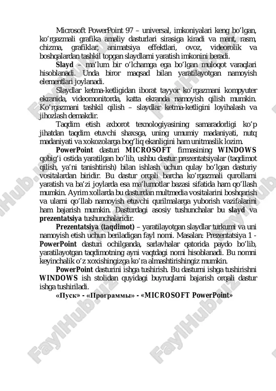 yo’nalish tugmalari yoki sichqonchadan foydalanish mumkin. muloqot darchasidan kerakli holat, masalan: «pustoy slayd» (bo’sh slayd) ko’rinishi tanlanadi va «ok» tugmasi bosiladi. bu amallar bajarilgandan so’ng powerpoint dasturining asosiy oynasi xosil bo’ladi. u sarlavhalar qatori, gorizontal menyu, uskunalar paneli («standart», «bichimlash» va rasmlar bilan ishlash), rejim (xolat) tugmachalari (slaydlar rejimi, strukturalar rejimi, saralash rejimi, namoyishlar rejimi) va ishchi maydonni o’z ichiga oladi. powerpoint ekraninning pastki chap burchagida ish rejimi va uning turlarini boshqaruvchi tugmalar (piktogrammalar) guruhi joylashgan. tugmalarning vazifalarini quyidagi jadvalda keltirilgan: tugmacha rejim izoh slaydlar bu rejim tanlanganda ekranda faqat bitta slayd tasvirlanadi. slaydlar rejimi har bir slaydni ketma-ketlik bilan jihozlanib, unga kerakli matnlarni kiritishda juda qulay. strukturalar strukturalar rejimida har bir slayd belgi bilan ifodalanadi. slayd belgisidan keyin tartib raqami va sarlavhasi joylashgan. sarlavha tagida slayd matni ko’rinadi. struktura rejimini taqdimot strukturasini o’zgartirganda, sarlavha va matnlarni qayta ishlashda qo’llash tavsiya etiladi. matn slaydini strukturaning beshta darajasiga joylashtirish mumkin. bu …