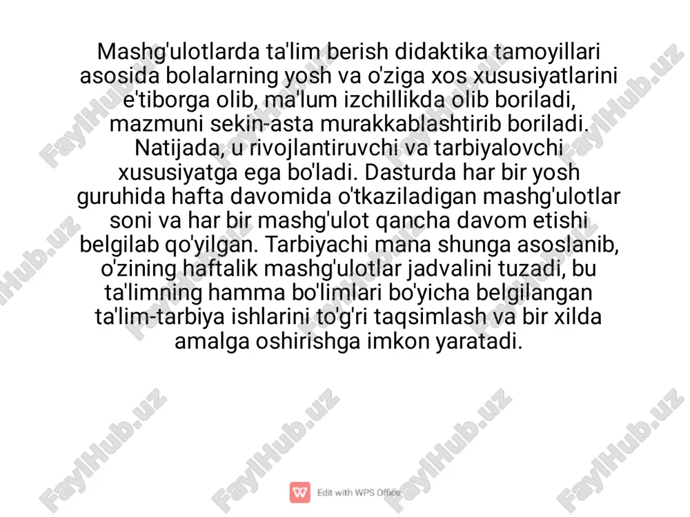 njomlar bilan jihozlab qo'yiladi. o'rta guruh. guruhda uxlash xonasi, hojatxona va yechinish xonasi bo'lishi kerak. guruh xonasi bir necha bo'limdan iborat bo'lishi kerak. birinchi o'yin bo'limida qo'g'irchoqpar hamda kerakli narsalar joylashtirilgan shkaf bo'ladi. ikkinchi o'yin bo'limida qurilish materiallari qo'yiladigan shkaf va ular bilan o'ynash uchun joy ajratiladi. katta guruh. o'yin bo'limlari bolalarning yoshiga mos holda o'rta guruh xonasi kabi jihozlanadi. guruh xonasida yana mashg'ulot o'tkaziladigan bo'lim ajratiladi va u yerga tarbiyachining stoli, ekran, shkaf, taxta joylashtiriladi. bolalarning mustaqil o'ynashlari uchun hamma kerakli materiallar (stollar, o'yinchoqlar solingan qutichalar, vitrina shkafi, tokchalar va boshqalar) bo'lishi lozim. tabiat burchagi, qo'l mehnati bilan shug'ullanadigan burchak, kitob burchagi, tasviriy faoliyat burchaklari bo'lishi kerak. tayyorlov guruhi. bu yerdagi mashg'ulot o'tkaziladigan bo'limda katga guruhdagi singari bolalar uchun ikki kishilik stollar qo'yiladi. guruh xonasidagi jihozlar zarurat tufayli shug'ullanganda o'yinga joy bo'shatish maqsadida boshqa tomonga surib qo'yadigan qilib joylashtiriladi. maydonchada sport o'yinlari va har xil o'yin uchun joy ajratiladi, …