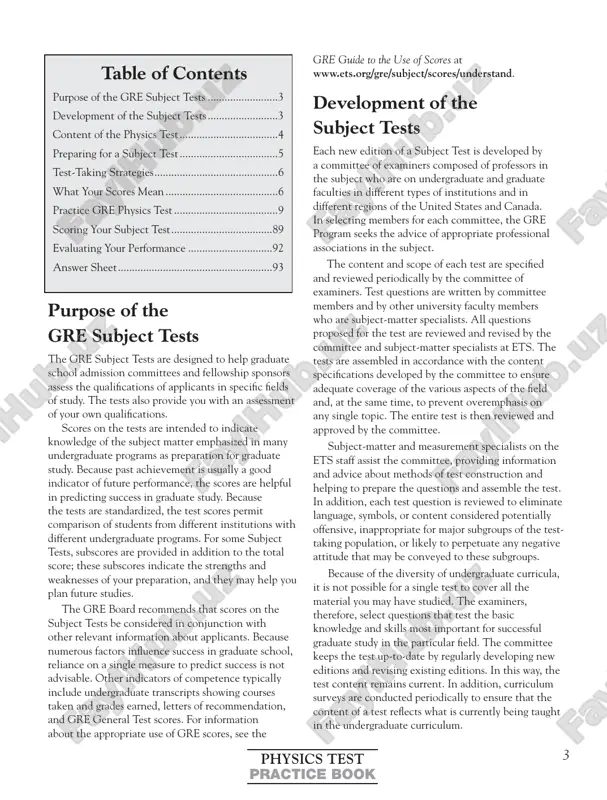 de to the use of scores at www.ets.org/gre/subject/scores/understand. development of the subject tests each new edition of a subject test is developed by a committee of examiners composed of professors in the subject who are on undergraduate and graduate faculties in different types of institutions and in different regions of the united states and canada. in selecting members for each committee, the gre program seeks the advice of appropriate professional associations in the subject. the content and scope of each test are specified and reviewed periodically by the committee of examiners. test questions are written by committee members and by other university faculty members who are subject-matter specialists. all questions proposed for the test are reviewed and revised by the committee and subject-matter specialists at ets. the tests are assembled in accordance with the content specifications developed by the committee to ensure adequate coverage of the various aspects of the …