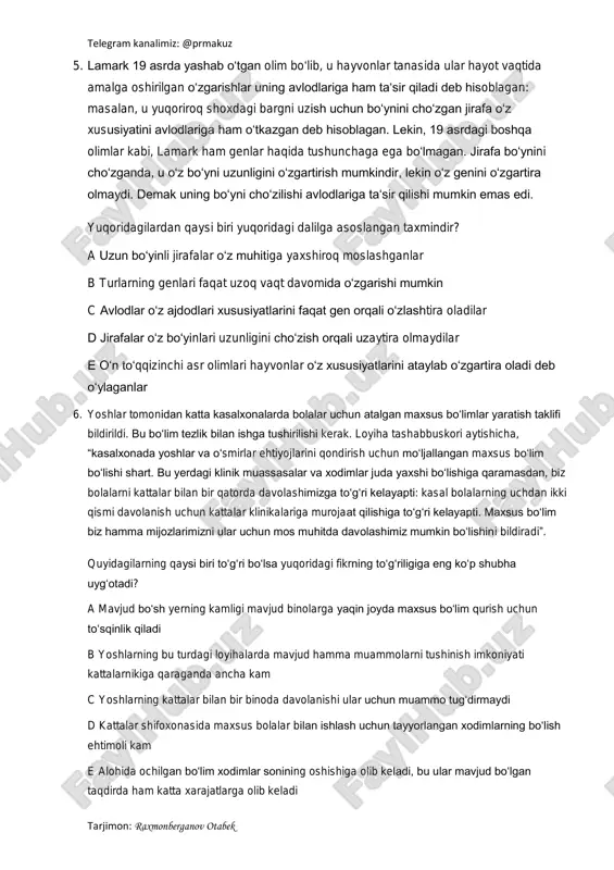 lim boʻlishi shart. bu yerdagi klinik muassasalar va xodimlar juda yaxshi boʻlishiga qaramasdan, biz bolalarni kattalar bilan bir qatorda davolashimizga toʻgʻri kelayapti: kasal bolalarning uchdan ikki qismi davolanish uchun kattalar klinikalariga murojaat qilishiga toʻgʻri kelayapti. maxsus boʻlim biz hamma mijozlarimizni ular uchun mos muhitda davolashimiz mumkin boʻlishini bildiradi”. quyidagilarning qaysi biri toʻgʻri boʻlsa yuqoridagi fikrning toʻgʻriligiga eng koʻp shubha uygʻotadi? a mavjud boʻsh yerning kamligi mavjud binolarga yaqin joyda maxsus boʻlim qurish uchun toʻsqinlik qiladi b yoshlarning bu turdagi loyihalarda mavjud hamma muammolarni tushinish imkoniyati kattalarnikiga qaraganda ancha kam c yoshlarning kattalar bilan bir binoda davolanishi ular uchun muammo tugʻdirmaydi d kattalar shifoxonasida maxsus bolalar bilan ishlash uchun tayyorlangan xodimlarning boʻlish ehtimoli kam e alohida ochilgan boʻlim xodimlar sonining oshishiga olib keladi, bu ular mavjud boʻlgan taqdirda ham katta xarajatlarga olib keladi telegram kanalimiz: @prmakuz tarjimon: raxmonberganov otabek 7. har birining rangi qizil yoki sariq boʻlishi mumkin boʻlgan uchta shar …