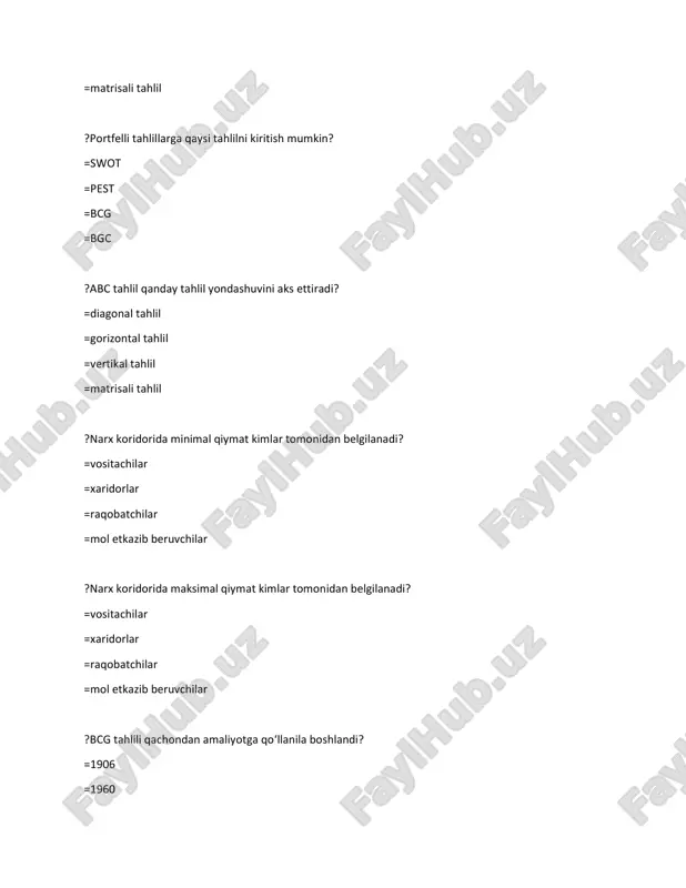 diy omillar =ijtimoiy omillar =texnologik omillar ?marketing bu ...... =bozor faoliyati =iste'molchiga, umuman jamiyatga yo'naltirish =tadqiqotlar natijasidagi bozor taklifi =ishlab chiqarish xarajatlarini kamaytirish ?marketing fani asoschisi kim? =f.kotler =r.butler =b.vladislav =k.marks ?birinchi marketing kurslari qaysi yilda o'qitila boshlangan? =1902 =1920 =1898 =1880 ?marketingning vatani hisoblanadi ..... =aqsh =yaponiya =avstraliya =braziliya ?f.kotler marketing kontseptsiyasini nechtaga ajratdi? =5 =3 =4 =2 ?marketing funksiyasi necha guruhga bo'linadi? =4 =3 =2 =6 ?quyidagilardan savdo funksiyasiga tegishli harakatlarni toping? =maqsadli mahsulot siyosatini olib borish =yangi tovarlar ishlab chiqarishni tashkil etish =yangi texnologiyalarni qo'llash =iste'molchilarni o'rganish ?xalqaro savdo palatasi qaysi yilda tashkil etilgan? =1920 =1921 =1924 =1926 ?quyidagilardan analitik funksiyaga tegishli harakatlarni toping? =korxonaning ichki va tashqi muhitini tahlil qilish =yangi mahsulotlarni yaratish =yaratish tovarlarni taqsimlash tizimi =yangi texnologiyalarni qo'llash ?marketing tadqiqotlari necha turga bo'linadi? =2 =3 =4 =5 ?marketingni izohlashda asosiy e’tibor nimaga qaratiladi? =iste'molchilarning ehtiyojlarini qondirish =tovarlarni sotish =mahsulot narxini belgilash =tovar xarajatlarini kamaytirish …
