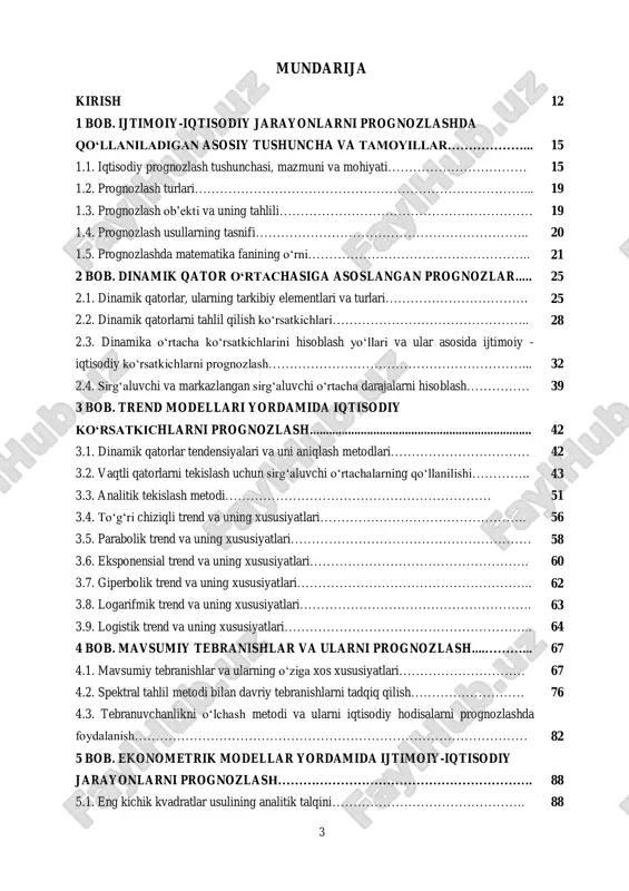oslangan prognozlar..... 25 2.1. dinamik qatorlar, ularning tarkibiy elementlari va turlari……………………………. 25 2.2. dinamik qatorlarni tahlil qilish ko‘rsatkichlari……………………………………….. 28 2.3. dinamika o‘rtacha ko‘rsatkichlarini hisoblash yo‘llari va ular asosida ijtimoiy - iqtisodiy ko‘rsatkichlarni prognozlash……………………………………………………... 32 2.4. sirg‘aluvchi va markazlangan sirg‘aluvchi o‘rtacha darajalarni hisoblash…………… 39 3 bob. trend modellari yordamida iqtisodiy ko‘rsatkichlarni prognozlash...................................................................... 42 3.1. dinamik qatorlar tendensiyalari va uni aniqlash metodlari…………………………… 42 3.2. vaqtli qatorlarni tekislash uchun sirg‘aluvchi o‘rtachalarning qo‘llanilishi………….. 43 3.3. analitik tekislash metodi……………………………………………………… 51 3.4. to‘g‘ri chiziqli trend va uning xususiyatlari…………………………………………. 56 3.5. parabolik trend va uning xususiyatlari………………………………………………… 58 3.6. eksponensial trend va uning xususiyatlari……………………………………………. 60 3.7. giperbolik trend va uning xususiyatlari……………………………………………….. 62 3.8. logarifmik trend va uning xususiyatlari………………………………………………. 63 3.9. logistik trend va uning xususiyatlari………………………………………………….. 64 4 bob. mavsumiy tebranishlar va ularni prognozlash....………... 67 4.1. mavsumiy tebranishlar va ularning o‘ziga xos xususiyatlari………………………… 67 4.2. spektral tahlil metodi bilan davriy tebranishlarni tadqiq qilish……………………… 76 4.3. tebranuvchanlikni o‘lchash metodi va …