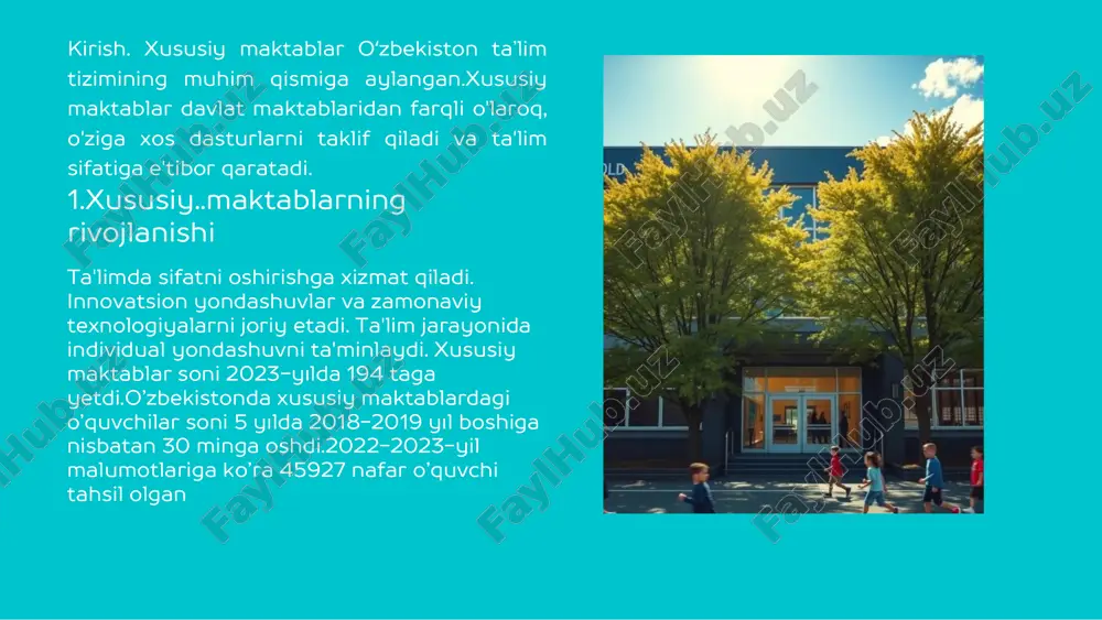 davlat ta'lim tizimi bilan hamkorlik qilish imkoniyatlarini oʻrganishi va oʻquv jarayonini yaxshilashga hissa qoʻshishi mumkin. kirish imkoniyati: xususiy maktablar ta'lim xarajatlarini kamaytirish va oʻquvchilarga kirish imkoniyatini kengaytirish yoʻllarini izlashi mumkin. 6. maqsad va strategiyalar infrastruktura va resurslar: zamonaviy infratuzilma va ta'lim resurslarini joriy etish orqali o'quvchilarning ta'lim darajasini oshirishga intilish. ta'lim sifatini oshirish: xususiy maktablar ta'lim sifatini yuqori darajaga ko'tarish uchun katta xarajatlar kiritadilar. jamiyatga xizmat: xususiy maktablar jamiyatda ta'lim sohasi bilan bog'liq turli masalalarni hal qilishda muhim rol o'ynaydi. xususiy maktablarning oʻquv dasturlari davlat standartlari: xususiy maktablar oʻquv dasturlarini tuzishda davlat ta'lim standartlariga amal qilishi kerak. biroq, ular oʻziga xos xususiyatlarini ham kiritish huquqiga ega innovatsion yondashuvlar: xususiy maktablar innovatsion oʻquv dasturlarini qoʻllab-quvvatlaydi, bu ularga oʻquvchilarning individual ehtiyojlarini qondirishga imkon beradi. xalqaro dasturlar: ba'zi xususiy maktablar xalqaro ta'lim dasturlarini, masalan, ib (international baccalaureate) yoki cambridge international education, taklif qiladi. 7. xususiy maktablar va davlat siyosati xususiy ta'limni rivojlantirishga oid …