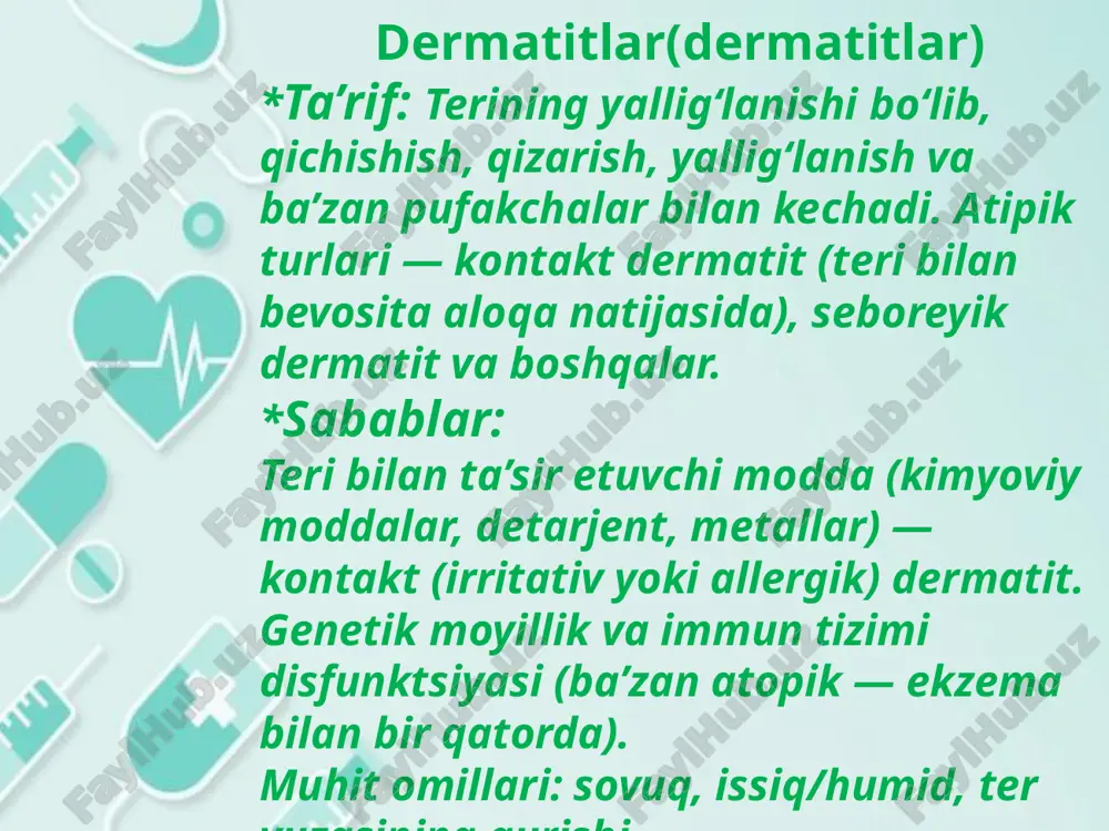 ki ba’zan boshqa kimyoviy moddalar ta’siri natijasida paydo bo‘ladigan teri reaksiyalari. klinik spektri keng — engil qizarishdan tortib jon uchun xavfli stevens–johnson sindromi yoki toksik epidermal nekrolizgacha bo‘lishi mumkin. *sabablar: dori vositasi bilan idiosinkratik yoki immunologik reaksiyalar; ko‘p dorilar (antibiotiklar, antiepileptiklar, sulfonamidlar va boshqalar) bilan bog‘liq. ba’zi hollarda qo‘shimcha omillar (fotografik ta’sir, doz, o‘tkazilgan vaqt). klinik belgilar: teri toshmalari, qizarish, petexiya, pufakchalar, mukozal qatlamlarning ham ishtiroki; og‘ir turlarda butun teri pufakchalanib ajralishi, shok holatlari mumkin. tashxis: anamnez — so‘nggi vaqt ichida qabul qilingan dorilarni aniqlash eng muhim qadam. laborator tahlillar va ba’zan teri biopsiyasi yordam berishi mumkin. dermatolog yoki allergolog bilan maslahat zarur. toksikodermiya (toksik-allergik dermatoz) davolash: zararluvchi dori darhol to‘xtatiladi (bu eng muhim va birinchi qadam). *yengil holatlarda simptomatik davolash: antihistaminlar, lokal malhamlar, emollientlar. *og‘ir holatlarda — kasalxonada qabul, suyuqlik va qo‘llab-quvvatlovchi terapiya, tizimli kortikosteroidlar yoki boshqa immunosupressivlar kerak bo‘lishi mumkin. *og‘ir belgilar — shoshilinch ko‘rsatmalar: teri pufakchalanishi, og‘iz …