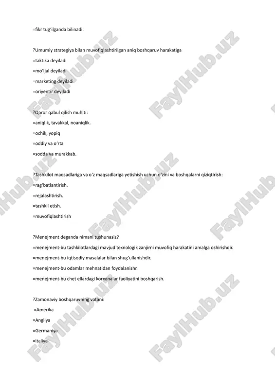 hoq munosabat. ?ilmiy-texnika taraqqiyoti degan tushunchaning to‘g‘ri izohini ko‘rsating. =mahsulotning yangi turlari va ishlab chiqarish usullarini joriy etish sababli ishlab chiqarishning nisbatan tez o‘zgarishi =yangi sohani boshqarishdagi o‘zgarishlarning amalga oshirilishi =mamlakat miqyosida yangi tuzumning boshlanishi =xodimlar boshqaruvini tashkil etish va ishlab chiqarishning tubdan o‘zgarishi ?tadbirkorning asosiy faoliyati nimalardan iborat? =u ko‘proq yangiliklar bilan shug‘ullanadi, yangi ishni boshlashga intiladi =u ko‘proq ishlab chiqarish bilan shug‘ullanadi =ishlab chiqarish va tijorat bilan shug‘ullanadi =u ko‘proq kapital bozorida faoliyat olib boradi ?strategiya bu… =istiqbolni tadqiq qilish va rejalashtirish =iqtisodiyotga moslashish siyosati =korxona siyosati =korxonani rejalashtirish ?strategik boshqaruv bu … =strategik maqsadni amalga oshirishga yunaltirilgan boshqaruv faoliyatidir =korxonani boshqarish faoliyatidir =korxona va xodimlarni boshqarish faoliyatidir =korxona maqsadini belgilash ?biznes bu… =foyda olish maqsadida amalga oshiriladigan ishchan faoliyat =tadbirkorlik =daromad olish =pul bilan bog‘liq muomala ?mehnat resurslarini boshqarish nima? =resurslarni rejalashtirish, xodimlarni to‘plash, tanlov, ish xaqi va imtiyozlarni aniqlash, korxonaga moslashtirish, o‘qitish, baholash, mansabdan ko‘tarish, tushirish, …