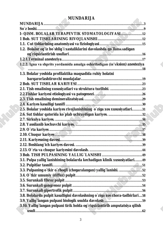 ...............................................39 2.12. boshlang`ich kariyes davosi. .................................................................................39 2.13. o`rta va chuqur kariyesini davolash. ................................................................44 3 bob. tish pulpasining yallig`lanishi .................................................49 3.1. pulpa yallig`lanishining bolalarda kechadigan klinik xususiyatlari. ........49 3.2. pulpitlar tasnifi. ............................................................................................................51 3.3. pulpaning o`tkir o`choqli (chegaralangan) yallig`lanishi. ............................52 3.4. o`tkir umumiy (diffuz) pulpit .................................................................................52 3.5. surunkali fibroz pulpit ..............................................................................................53 3.6. surunkali gangrenoz pulpit .....................................................................................54 3.7. surunkali gipertrofik pulpit ....................................................................................56 3.8. bolalarda pulpit kasalligini davolashning o`ziga xos chora-tadbirlari ....58 3.9. yallig`langan pulpani biologik usulda davolash ..............................................59 3.10. yallig`langan pulpani tirik holda og`riqsizlantirib amputatsiya qilish usuli ..................................................................................................................................62 4 3.11. yallig`langan pulpani og`riqsizlantirib chuqur amputatsiya qilish usuli ...........................................................................................................................................63 3.12. yallig`langan tish pulpasini og`riqsizlantirib to`liq olib tashlash (vital ekstirpatsiya) usuli .....................................................................................................66 3.13