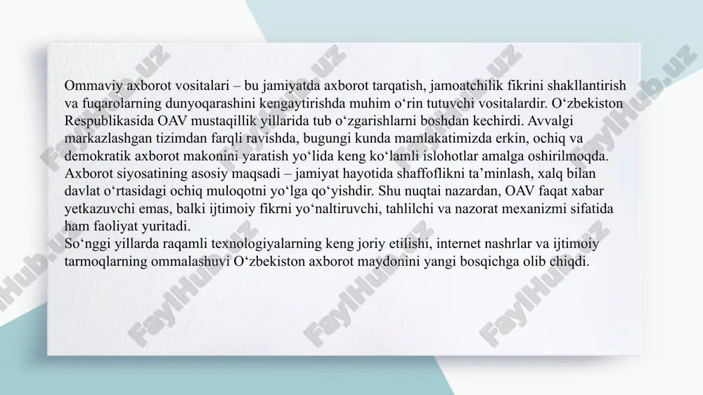 halar keng yoritiladi. “o‘zbekiston 24”, “yoshlar”, “mahalla”, “dunyo bo‘ylab” kabi kanallar o‘z yo‘nalishiga ega. radiokanallar esa musiqiy, madaniy va ta’limiy eshittirishlar orqali auditoriya bilan muloqot qiladi. har bir tele va radiotashkilot jamiyat ehtiyojlarini hisobga olib dasturlar tayyorlaydi. ularning faoliyati orqali mamlakatda axborot ochiqligi kuchaymoqda. so‘nggi yillarda raqamli televideniye tizimi joriy etilib, sifatli uzatish imkoniyati yaratildi. mahalliy va xususiy teleradiolar ham faoliyat yuritib, sog‘lom raqobat muhitini shakllantirmoqda. shu tariqa televideniye va radio aholining axborotga bo‘lgan ehtiyojini to‘liq qondirishga xizmat qilmoqda. 1 bosma oav – bu jamiyatda mustahkam o‘rin tutgan an’anaviy axborot manbalaridan biridir. “xalq so‘zi”, “o‘zbekiston ovozi”, “hurriyat”, “yangi o‘zbekiston” kabi gazetalar mamlakat ijtimoiy hayotini keng yoritmoqda. bosma nashrlar xalqni yangiliklar, tahliliy maqolalar va rasmiy axborotlar bilan tanishtiradi. 2 ular chuqur tahliliy yondashuv va jurnalistik izlanishlarga tayanadi. gazetalar orqali ijtimoiy fikr shakllanadi va muhim masalalar muhokamaga tortiladi. jurnallar esa ilmiy, madaniy va ta’limiy mavzularni yoritishda muhim o‘rin egallaydi. 3 bugungi kunda …