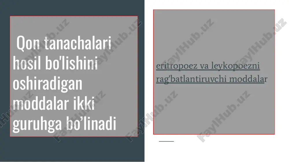 a nisbatan ikki barobar ko'proq bo'ladi. homiladorlik, emizikli davrda temir moddasiga bolgan ehtiyoj yanada oshib boradi. emizikli onalarda sut bilan bir oy mobaynida 20-30 mg temir ajraladi. organizm o‘sib borayotgan davrda, og'ir jismoniy mehnat bilan shug'ullanganda, ko’p terlaganda ham temirga bo'lgan ehtiyoj ortadi shuning uchun gipoxrom anemiya ayollarda, homilador ayollarda ko'proq uchraydi. koamid kobaltning nikotinat kislotaning amidi bilan koordinatsion birikmasidir. kobalt temiming gemoglobin molekulasining ichiga kirishini, shu tufayli temirning eritropoetik faolligini oshiradi. gipoxrom anemiyalarda b vitaminlar (piridoksin, riboflavin), vitamin e qo'llanadi, ular gem hamda globin hosil bo'lishini oshiradi. giperxrom ya’ni megaloblastik anemiya i.eritrob/last — megaloblast — megalotsit, ya’ni eritropoez megaloblastik turda o'tadi, giperxrom anemiya kelib chiqadi, uni davolashda birinchi o'rinda vitamin b12 turad 5 15 20min 29 4 25 30min 39 4 35 40min 27 5 22 item 1 item 2 oshqozon kasalliklarida, ayniqsa, oshqozonning bir qismi rezeksiya qilinganda, vitamin b,, so'rilishini ta’minlaydigan oqsil — ichki omil kamayadi, tashqi omil …