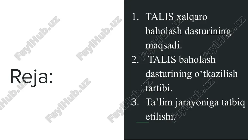 sos bo‘lib xizmat qiladi. shuningdek, talis orqali aniqlangan maktabdagi rahbarlik uslublari, o‘qituvchi va rahbar o‘rtasidagi hamkorlik, ichki maktab muhiti kabi omillar asosida taʼlim muassasalarida boshqaruv tizimi qayta ko‘rib chiqiladi. bu o‘z navbatida, maktabning umumiy iqlimi, o‘qituvchining motivatsiyasi va o‘quvchilarga bo‘lgan yondashuvini ijobiy tomonga o‘zgartiradi. talis natijalari asosida o‘qituvchilar uchun aniq ehtiyojga asoslangan kasbiy rivojlanish dasturlarini ishlab chiqish ham taʼlim jarayoniga bevosita taʼsir qiladi. chunki zamonaviy o‘qituvchi faqat dars beruvchi emas, balki yangilikni tatbiq qiluvchi va o‘z ustida doimiy ishlovchi shaxs bo‘lishi kerak. eʼtiboringiz uchun rahmat!