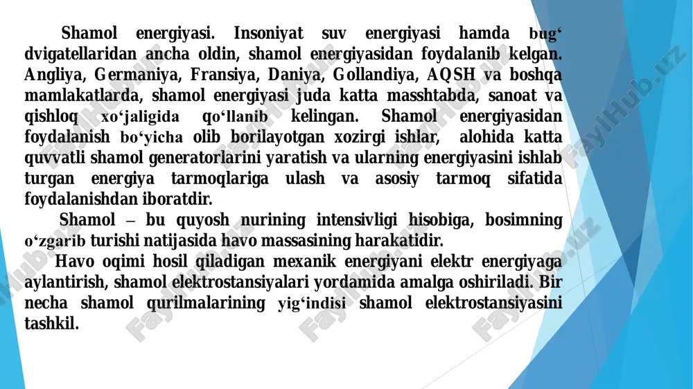 tebranadi. shamolga qarshi yurish qiyinlashadi. 8 juda kuchli shamol 15,3÷18,2 55÷65,5 katta daraxtlar tebranadi. novdalari. daraxt novdalari va shoxlari sinadi. shamolga qarshi yurish juda qiyinlashadi, egilib yurishga to‘g‘ri keladi. 9 dovul 18,3÷21,5 65,9÷77,3 katta daraxtlar qayriladi, katta shoxlari sinadi. narsalar joyidan siljiy boshlaydi. uylar tomi shikastlanadi. 10 kuchli dovul 21,6÷25,1 77,7÷90,6 daraxtlar sina boshlaydi va tomiri bilan yulib olinadi.tomlar yulib olib ko‘chiriladi, vayronagarchilik yuz beradi. 11 shiddatli dovul 25,2÷29 90,7÷105 binolar kuchli vayron bo‘ladi 12 bo‘ron > 29 > 105 daraxtlar sina boshlaydi va tomiri bilan yulib olinadi. tomlar yulib olib ko‘chiriladi, vayronagarchilik yuz beradi. binolar kuchli vayron bo‘ladi . shamol elektrostansiyalari. bir necha shamol qurilmalarining yig‘indisi shamol elektrostansiyasini tashkil qiladi. quvvatiga nisbatan shamol elektrostansiyalarini 3 guruhga bo‘lish mumkin. shamol elektrosta nsiyalari kichik quvvatli yirik quvvatli o‘rtacha quvvatli ana’naviy (a) hamda zamonaviy sanoat (b) shamol energetik qurilmalarining sxemasi: 1-shamol dvigateli; 2-ulash muftasi; 3- tayanch podshipnigi; 4- erkin aylanish muftasi; 5- …