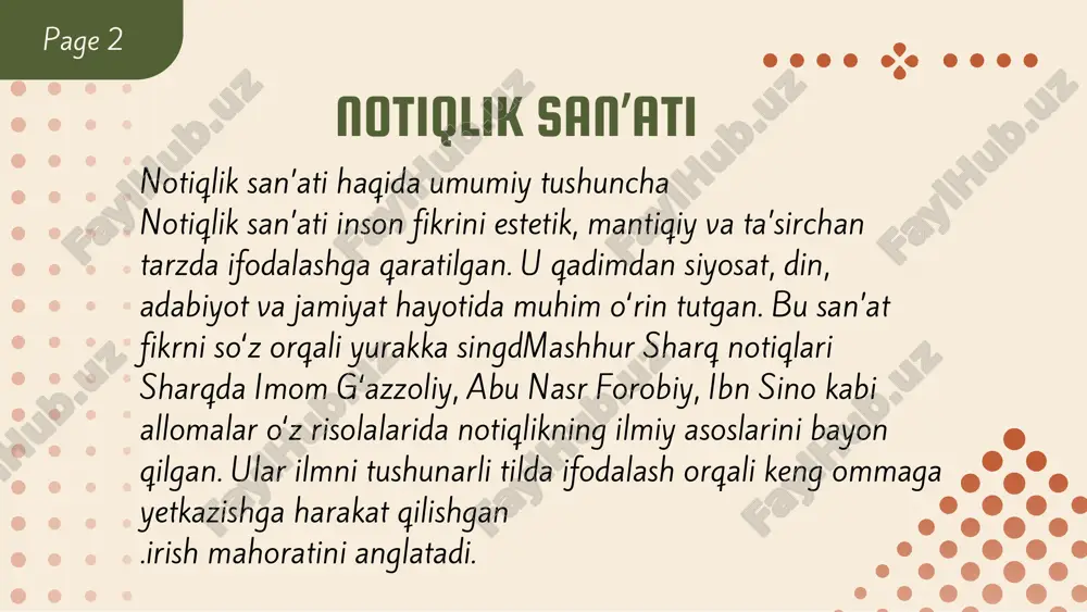 aslik” monologi butun dunyoga mashhur. shekspir notiqlikda obrazlar, metaforalar, emotsiyalarni mahorat bilan qo‘llagan. page 12 page 13 monten va esse janridagi notiqlik fransuz faylasufi monten o‘zining esse janrida notiqona uslubda fikr yuritadi. u shaxsiy tajribalarni umumiy g‘oyaga aylantirib, o‘quvchiga ijtimoiy va falsafiy saboqlar beradi. abraham linkolnning gettysburg nutqi linkolnning bu nutqi qisqa bo‘lishiga qaramay, unda kuchli notiqona ifoda, birlik, ozodlik va milliy g‘oya mujassam. bu nutq hozirgacha notiqlik san’atining eng yuqori namunalaridan biri sifatida o‘rganiladimartin lyuter king – “i have a dream” bu nutqda king kuchli obrazlar, takroriy iboralar orqali tinglovchilar qalbiga murojaat qilgan. u tenglik, adolat va inson huquqlari uchun notiqona ruhda kurashgan .. page 14 zamonaviy g‘arb notiqligi bugungi g‘arb notiqligi ted nutqlari, siyosiy chiqishlar, blog va ommaviy axborot vositalari orqali ifodalanmoqda. har bir notiq o‘z uslubida tinglovchiga ta’sir o‘tkazishga harakat qiladi. page 15 page 16 sharq va g‘arb notiqligining o‘xshash tomonlari har ikki adabiyotda notiqlik orqali axloqiy, …