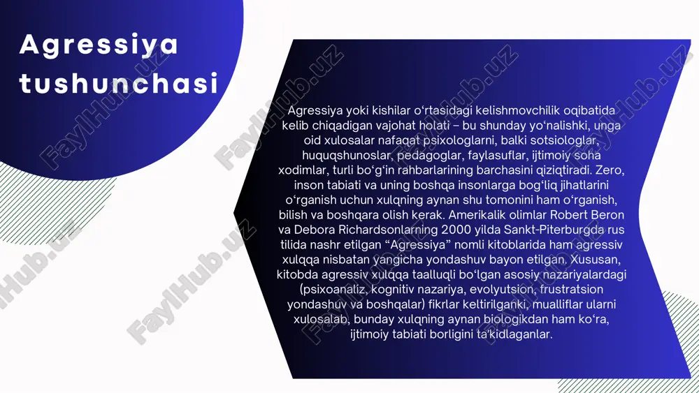 m u n o s a b a t l a r d a s h a x s a g r e s s i v l i g i n i n g n o m o y o n b o ’ l i s h i o`smirlar o`zlarini kattalardek tutishga harakat qiladilar. ular o`zlarining layoqat, qobiliyat va imkoniyatlarini ma`lum darajada o`rtoqlari va o`qituvchilariga ko`rsatishga intiladilar. bu holatni oddiy ko`zatish yo`li bilan ham osongina ko`rish mumkin. o`smirlik yoshiga xos bo`lgan psixologik xususiyatlarni o`rgana turib, o`smirlar shaxsining shakllanib, rivojlanib, kamolotga erishish yo`llarini va unga ta`sir etadigan biologik va ijtimoiy omillarning bevosita ta`sirini tushunish mumkin. bu davrda o`smir baxtl i bolal ik bi lan xayrlashgan, lekin kattalar hayotida hal i o`z o`rnini topa olmagan holatda bo`ladi, o`smirl ik davri «o`t ish davri», «krizis davr», «qiyin davr» kabi nomlarni olgan psixologik ko`r inishlar i bi lan xarakterlanadi . chunki, bu …
