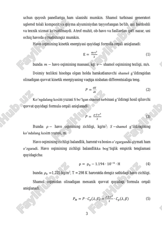 effisienti quyidagi soddalashtirilgan formula orqali aniqlanadi: 𝐶𝑝(𝜆, 𝛽) = 0.5 ∙ ( 116 𝜆+0.08∙𝛽 − 4.06 𝛽3+1 − 0.4 ∙ 𝛽 − 5) ∙ exp (− 21 𝜆+0.08∙𝛽 + + 0.735 𝛽3+1 ) (8) (8) ifoda orqali gorizontal o’qli shamol energetik qurilmasining shamol energiyasidan foydalanish koeffisientini optimal qiymatini aniqlashimiz mumkin. bunda shamol parraklarining o’z o’qi atrofida burilish burchagi 𝛽 va shamol parraklarining aylanuvchanlik koeffisienti 𝜆 daning turli qiymatlarida maxsus dasturlarda modellashtirishimiz mumkin. 2-rasmda gorizontal o’qli shamol energetik qurilmasining elektr sxemasi keltirilgan. 5 2-rasm. gorizontal o’qli shamol energetik qurilmasining elektr sxemasi ishni bajarish tartibi 1. tajriba ishining mazmuni bilan tanishib chiqish. 2. trotec ba06 anemometr yordamida 10 m balandlikda 60 daqiqa mobaynida shamol tezliklarini o’lchash. 3. digital- multimetr yordamida elektr generatorining kuchlanish va tokini o’lchash. 4. digital-tachometr yordamida shamol g’ildiragining aylanish tezligini o’lchash. 5. o’lchangan ma’lumotlarni 1-jadvalga kiritish. 6. (6) ifodadan turli shamol tezliklarida shamol parraklarining tez aylanuvchanlik koeffisientini hisoblash. 7. …