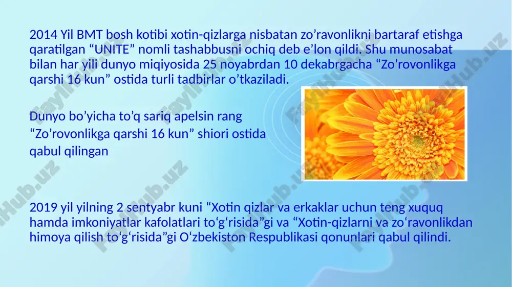 qlatish zarurati g‘oliblik qiladi. zo‘ravonlik qurbonlarida: √ o‘ziga ishonchsizlik; √ o‘z shaxsini past baholash; √ kamgaplik va uyatchanlik; √ hayotdagi qiyinchiliklar va stresslarga nisbatan sezgirlikni oshirish; √ shaxsiy va vaziyat xavotirining kuchayishi; √ zo‘ravonlikka qarshi tura olmaslik; √ o‘zlariga qarshi tura olmaslik va tengdoshlari bilan samarali muloqot qilish mumkin emasligi bilan ajralib turadi. bolaning zo’ravon bo’lib qolishiga ta’sir qiluvchi omillar inson onadan tug’ulganda zo’ravon bo’lib tug’ulmaydi. bolaning zo’ravon bo’lishiga: oiladagi tarbiya(oilaviy qadriyarlarni aniqlash, muloqot madaniyatini shakillantirish)) ijtimoiy muhit talim -tarbiya jarayoni tasir qiladi. bolada shakllanadigan barcha hissiy, ruhiy tuyg’ular: mehribonlik, oqibatlilik, o’ziga va atrof-muhitga nisbatan mas’uliyatlilik kurtaklari oilada namoyon bo’ladi. o’zbek oilalarida keng tarqalgan halollik, to’g’rilik, birovlar haqiga xiyonat qilmaslik, xayr-ehson, sahovat va muruvvat, tejamkorlik va isrofgarchilikka yo’l qo’ymaslik kabi fazilatlar oilada shakillanadi. o’z yaqin insonlaridan haqorat eshtish,kaltaklanish insonda kuchli stress,agressivlik,bazida o’ch olish hissiyotlarini uyg’otadi. zo’ravonlikni oldini olish bo’yicha mashqlar, “kechirib yuborish” mashg’uloti 2.“daqiqa mashqi” 3 .maktabda “meni kechir” qutisini …