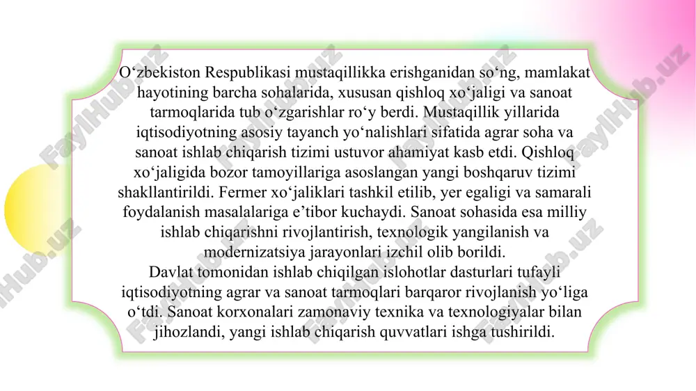 ortdi. agroklaster tizimi yo‘lga qo‘yilib, mahsulot yetishtirish, qayta ishlash va eksport qilish jarayonlari yagona zanjirda boshqarilmoqda. raqamli qishloq xo‘jaligi konsepsiyasi asosida fermerlar axborot texnologiyalaridan keng foydalanmoqda. bu islohotlar natijasida o‘zbekistonning agrar salohiyati sezilarli darajada oshdi. qishloq xo‘jaligida yangi texnologiyalar va suv tejovchi tizimlarning joriy etilishi. o‘zbekiston mustaqillikka erishgach, sanoatni modernizatsiya qilish va yangi ishlab chiqarish tarmoqlarini yaratish ustuvor yo‘nalishlardan biri bo‘ldi. davlat tomonidan xorijiy investitsiyalarni jalb etish uchun qulay shart-sharoitlar yaratildi. neft-gaz, kimyo, mashinasozlik, energetika, qurilish materiallari va avtomobilsozlik sohalarida yirik loyihalar amalga oshirildi. ayniqsa, “o‘zautomotors”, “navoiy kon-metallurgiya kombinati”, “o‘zkimyosanoat” kabi korxonalar mamlakat iqtisodiyotida muhim o‘rin egalladi. investitsion siyosatning izchil olib borilishi tufayli sanoat tarmoqlari zamonaviy texnologiyalar asosida yangilandi. mustaqillik yillarida iqtisodiy o‘sishning asosiy drayveri sifatida sanoat sohasi shakllandi va milliy iqtisodiyotda ulushi sezilarli darajada ortdi. 1 mustaqillikdan so‘ng mamlakat importdan qaramlikni kamaytirish maqsadida import o‘rnini bosuvchi mahsulotlar ishlab chiqarishni yo‘lga qo‘ydi. mahalliy xom ashyodan tayyor mahsulot ishlab chiqarish, qayta …