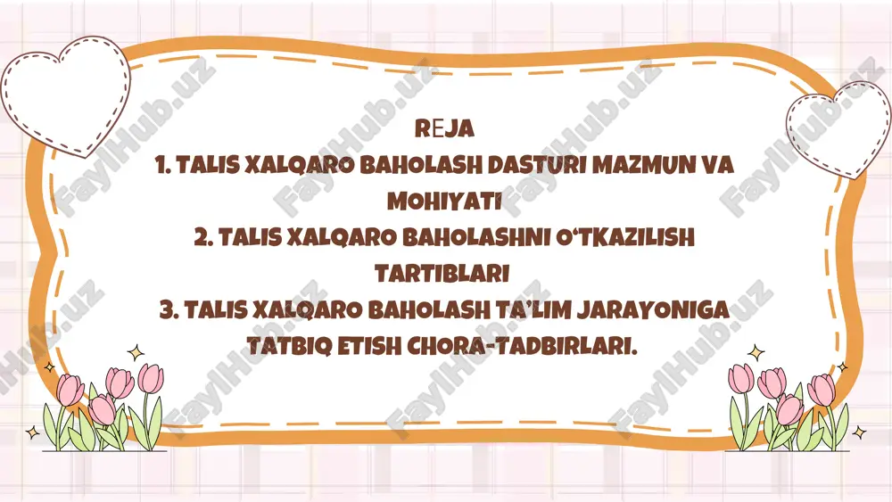 proq maktablar ishtirok etadi, kichik mamlakatlarda esa kamroq. oqituvchilarni tanlab olish jarayoni: 1. oqituvchilar tanlovi: har bir tanlangan maktabdan malum miqdorda oqituvchilar tasodifiy ravishda tanlab olinadi. odatda har bir maktabdan ortacha 20 nafar oqituvchi sorovda ishtirok etadi. oqituvchilarning tanlanishi tasodifiy bolib, bunda ularning mutaxassisligi, tajribasi va boshqa korsatkichlar ahamiyatli emas. 2. maktab rahbarlari: tadqiqotga nafaqat oqituvchilar, balki maktab rahbarlari (direktorlar) ham jalb qilinadi. maktab rahbarlari talim muassasalarini boshqarish, oqitish sharoitlari va ta'lim sifatiga ta'sir qiluvchi omillarni tushuntirishda muhim manba hisoblanadi. e'tiboringiz uchun rahmat!