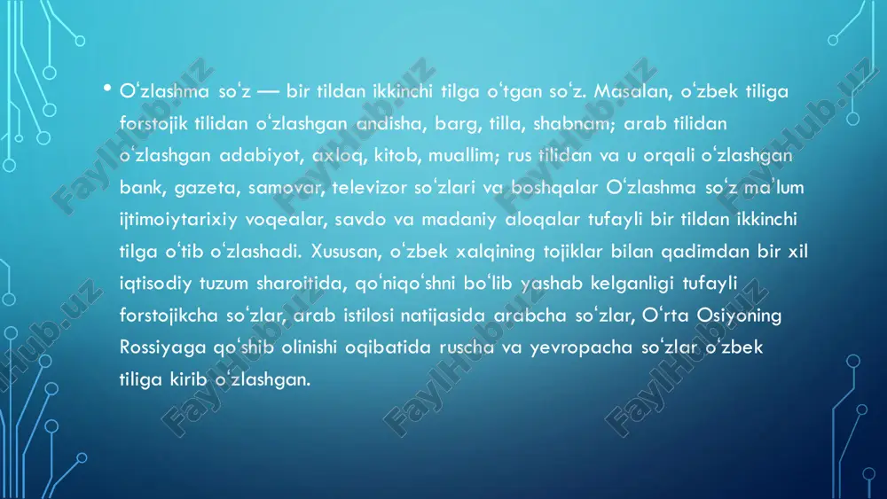 ynalminal ) so`zlar deb yuritiladi. o`zbek tiliga o`zlashgan internatsional so`zlar tarixiy jihatdan quyidagi tillarga mansub: • 1.rus tiliga: sudya , stol , stul , samolyot , tok , ruchka kabi. • 2.lotin tiliga: nota , metall , refleks , rezina , general , kapital , kanal , plan , director , radio kabi. • 3.grek tiliga: grammatika , pedagog , talent , tizes , kafedra , poeziya , poema , metr , neft , taktika , parallel kabi. • 4.nemis tiliga: raketa , shaxta , rolik , politsiya , kran kabi. • 5.ingliz tiliga: champion , dollar , futbol kabi. • 6.fransuz tiliga: roman , palto , serjant , ministr , bank , kabi. • o`tkir hoshimovning ,,dunyoning ishlari” qissasi • oq , oydin kechalar • ehtimol,onalarning so’ngan yulduzlari birlashib quyoshga aylangandir.oftobni ona deyishlari,ehtimol, shundandir. • oftob-tojikcha • tasalli • ehtimol shunday hamdir.balki, odamlarning dardiga sherik bo’laverib ko’nikib ketgan bu …