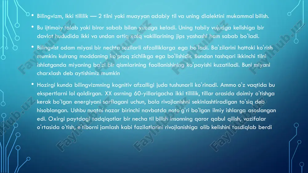 ganda. yangi tilni o’zlashtirishni boshlagan odam allaqachon o’z ona nutqi ko’nikmalariga ega bo’lib, uni yangi tilga o’tkazishga intiladi. • boshqalar ikkinchi tilda o’z ona tilidan ancha zaifroq gaplashadi va ularning nutqida doimo kuchli aralashish kuzatiladi. ba’zilar vaziyatga qarab osongina bir tildan ikkinchisiga o’tishadi, boshqalari buni juda qiyinchilik bilan bajaradilar. ikki tillilikning turli holatlarida bir xil odam o’zini butunlay boshqacha tutishi mumkin. agar biz respublikamizni bir hududda turli millatlarning birgalikda yashashi nuqtai nazaridan ko‘rib chiqsak, boshqirdistonni haqli ravishda turli tillar “qozoni” deb atash mumkinligini bilib olamiz. • birgalikda yashash natijasida tillar bir-biri bilan o’zaro ta’sir qiladi va boshqirdiston respublikasi aholisi orasida ikki tillilik paydo bo’ladi. ruslar respublika boʻylab turli davrlarda joylashdilar. eng qadimgi rus aholi punktlari birsk va kushnarenkovo hududida taxminan 400 yil oldin paydo bo’lgan. duvan viloyati hududida rus aholi punktlari 300 yildan ko’proq vaqt oldin paydo bo’lgan. mechetlinskiy viloyatida – taxminan 250- 300 yil oldin. birgalikda yashash natijasida respublikamizda …