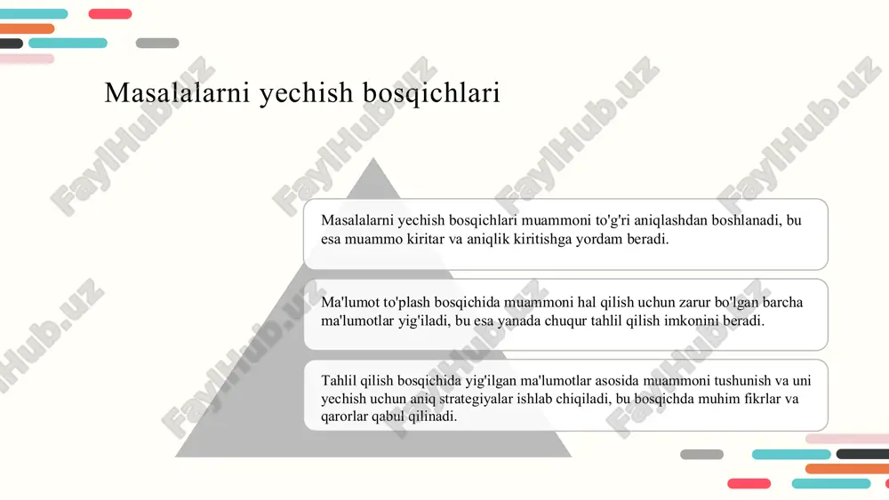 huv la r t an lanad i . alg or i tm n i t a nl ash da m ua m mo nin g x usus iy a t l a r i , m a ' lum o t tu r la r i v a h i sob lash r e sur s la r i h i sob ga o l in ad i . ma sa lan , q id i r i sh va s a ral ash a lgo r i tm la r i k en g qo ' l l a ni l ad i . to 'g ' r i a lgo r i tm ni t a nla b , u ni mo s la sh t i r i sh m uh im , b u ye ch im nin g s am a rad or l i …