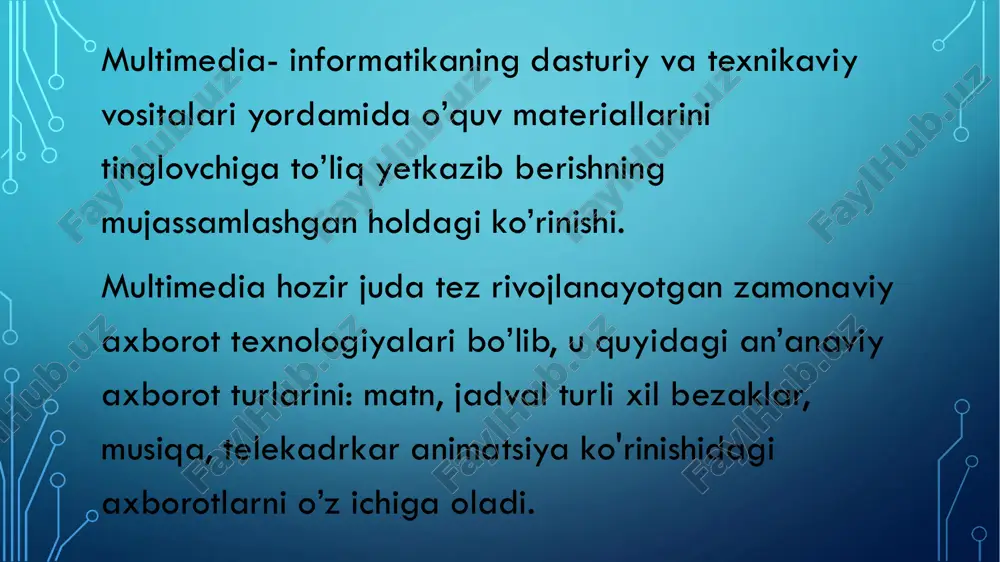 ishi bir qator ijobiy tomonlarni va bir qancha qiyin paytlarni ochib berdi. shunday qilib, multimedia texnologiyalaridan foydalangan holda maxsus proyektor yordamida darslarni tashkil etish o’rganilayotgan dasturiy ta’minotning mkoniyatlarini vizual tashkil etadi. xulosa “ta’limda axborot texnologiyasi bu – “o’quvchi- kompyuter” o’rtasidagi muloqotdir, o’qituvchi esa – uni boshqaruvchi. zamonaviy axborotlarga boy materiallar, vositalar bilan darsni boshqarish o’qituvchi mehnatini samarali qiladi.” bugungi kunda har bir o’qituvchi zamonaviy axborot texnologiyalarini o’quv jarayoniga tatbiq etgan holda pedagogik faoliyatini tashkil etishi va u bilan bog’liq barcha ko’nikmalarga ega bo’lishi kerak. bu – davr talabi. . zamonaviy ta’limning tarkibiy qismiga aylanib ulgurgan internet tarmog’i bilan ishlash malakasi ham pedagoglar uchun ahamiyatli. minglab yillar davomida rivojlangan inson tafakkuri uchun bugungi kunda dastlabki manba, ya’ni axborot olish hayotiy zaruratga aylandi. mazkur axborotni topish, saqlash, qayta ishlash va boshqalarga yetkazishning qulay usullariga bo’lgan ehtiyoj kun sayin oshib bormoqda. ana shu ma’lumotlarni topuvchi, saqlovchi, qayta ishlovchi va boshqalarga yetkazuvchi vazifasini bugungi …