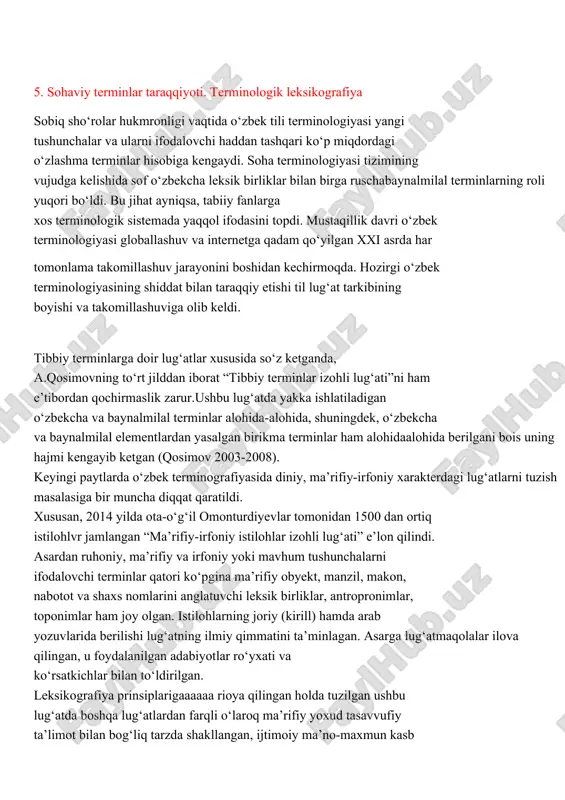ovchi istilohlar va leksik birliklar son jihatdan salmoqli hisoblanadi. turfa soha istilohlari bilan yonma-yon onomastika, jumladan, atoqli otlar-antroponimlar, joy nomlari-toponimlar, geografik obyektlar nomi, gidronimlar, ekologiya, hayvonot (fauna) va o‘simlik dunyosi(flora)ga oid talaygina leksemalar qiyomiga yetgan holda izohlangan. 5. sohaviy terminlar taraqqiyoti. terminologik leksikografiya sobiq sho‘rolar hukmronligi vaqtida o‘zbek tili terminologiyasi yangi tushunchalar va ularni ifodalovchi haddan tashqari ko‘p miqdordagi o‘zlashma terminlar hisobiga kengaydi. soha terminologiyasi tizimining vujudga kelishida sof o‘zbekcha leksik birliklar bilan birga ruschabaynalmilal terminlarning roli yuqori bo‘ldi. bu jihat ayniqsa, tabiiy fanlarga xos terminologik sistemada yaqqol ifodasini topdi. mustaqillik davri o‘zbek terminologiyasi globallashuv va internetga qadam qo‘yilgan xxi asrda har tomonlama takomillashuv jarayonini boshidan kechirmoqda. hozirgi o‘zbek terminologiyasining shiddat bilan taraqqiy etishi til lug‘at tarkibining boyishi va takomillashuviga olib keldi. tibbiy terminlarga doir lug‘atlar xususida so‘z ketganda, a.qosimovning to‘rt jilddan iborat “tibbiy terminlar izohli lug‘ati”ni ham e’tibordan qochirmaslik zarur.ushbu lug‘atda yakka ishlatiladigan o‘zbekcha va baynalmilal terminlar alohida-alohida, shuningdek, …