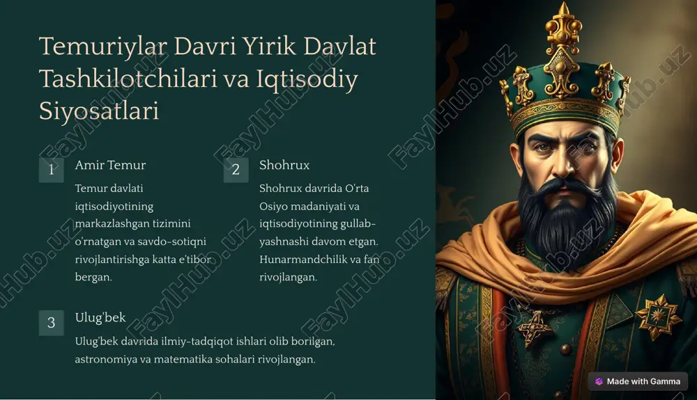hnashi bilan ajralib turadi. iqtisodiy siyosatning markazlashgan xarakteri, soliqlarning muhim roli va savdo yo'llari o'rta osiyo iqtisodiyotining gullab- yashnashiga katta hissa qo'shgan. https://gamma.app/?utm_source=made-with-gamma