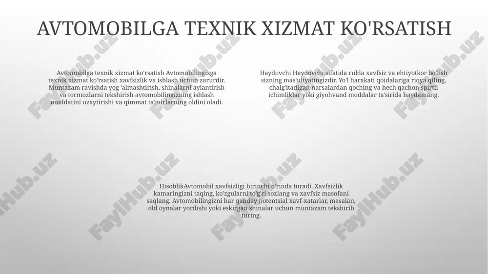 kin. bundan tashqari, munosabatlar, martaba va moliyaga zarar etkazishi mumkin. giyohvandlik va chekinish belgilarigiyohvandlik - bu miya va xatti-harakatlarga ta'sir qiluvchi surunkali kasallik. moddalarga qaram bo'lgan odamlar ko'pincha ishtahani, olib tashlash belgilarini va ulardan foydalanishni nazorat qilishda qiyinchiliklarni boshdan kechiradilar. chalg'itilgan haydash chalg'ituvchi haydash: yo'l harakati xavfsizligi uchun katta xavf. chalg'ituvchi haydash - bu haydovchining e'tiborini haydash vazifasidan uzoqlashtiradigan har qanday faoliyatni o'z ichiga olgan jiddiy muammo chalg'ituvchi haydash oqibatlari. chalg'ituvchi haydash og'ir oqibatlarga olib kelishi mumkin, jumladan avtohalokatlar, jarohatlar va hatto o'lim. tadqiqotlar shuni ko'rsatadiki, haydash paytida sms yozgan haydovchilar avtohalokatga 23 baravar ko'proq duch kelishadi. haydovchilar chalg'ituvchi haydashning oldini olish uchun: - haydash paytida uyali telefonlar va boshqa elektron qurilmalarni bir chetga qo'yishlari kerak. - haydash paytida ovqat eyishdan, ichishdan yoki yo'lovchilar bilan gaplashishdan saqlaning. - haydashni boshlashdan oldin radio yoki gpsni o'rnating tezlik chegarasiga rioya qilish haydovchi va uning xavfsizligi: tezlik me'yorlariga rioya qilish haydovchi, yo'lovchilar va …