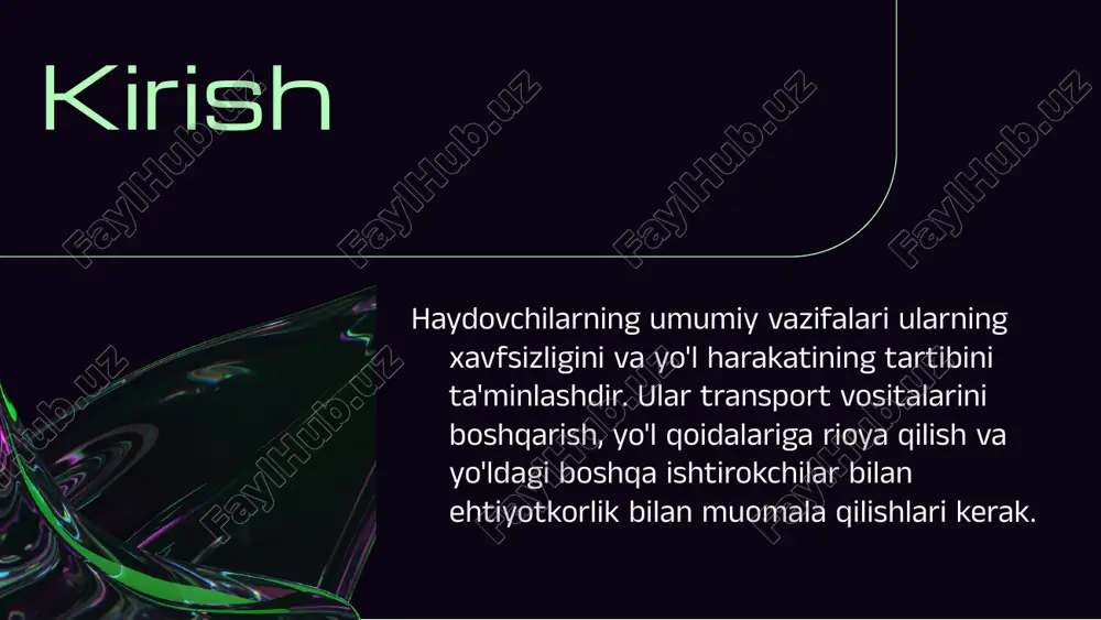 avishda o'z transportlarining holatini nazorat qilishlari zarur. nag'rizliklar va muammolarni tuzatish ilgarilashga yordam beradi. xavfsizlik qoidalariga rioya qilish haydovchilar transport xavfsizligi uchun xavfsizlik qoidalariga rioya qilishlari zarur. bu qoidalar yo'l harakati jarayonida halokat va jarohatlarning oldini oladi. har bir haydovchi o'zining va boshqalarning xavfsizligini ta'minlash uchun mas'uliyatli bo'lishi kerak. xulosa haydovchilarning umumiy vazifalari xavfsizlik, yo'l qoidalariga rioya qilish va piyodalar bilan ehtiyotkorlik bilan muomala qilishdan iborat. shuningdek, ularning vazifasiga transport vositasini to'g'ri boshqarish va yo'l harakatining holatini doimiy nazorat qilish kiradi. foydalanilgan adabiyotlar 1. abdullayev, a. haydovchilik va xavfsizlik. ma'naviyat, 2020. 2. karimov, s. avtomobil transportidagi haydovchilarning roli. toshkent davlat transport universiteti, 2021. 3. turaev, m. haydovchilarning ish faoliyati va uning samaradorligi. o'zbekiston respublikasining transport vazirligi, 2019. 4. rasulov, e. haydovchilarga oid muammolar va yechimlari. o'zbekiston milliy universiteti, 2022. 5. sodikov, o. transport va haydovchilik sohasidagi innovatsiyalar. o'zbekiston ilmiy akademosi, 2023. e'tiboringiz uchun rahmat image1.png image2.png image4.jpg image5.jpg image6.jpg image7.jpg …
