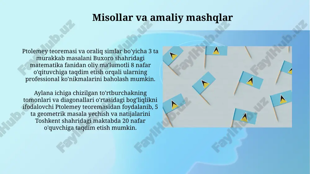 nchi tomon uzunligini va aylananing radiusini 15-asr buxoro shahrida yaratilgan matematik asarlardan foydalanib hisoblash mumkin. murakkab geometrik masalalar "murakkab geometrik masalalar" to'plami 12-asr buxoro matematik maktabining muhim yutuqlaridan biri bo'lib, unda ptolemey teoremasi va uning 30 dan ortiq qo'llanilishi keltirilgan murakkab geometrik misollarni uchratish mumkin. kitobda 5 ga yaqin turli xil usullarda ptolemey teoremasidan foydalanib, aylana ichidagi to'rtburchakning tomonlari va diagonallarini topishga oid masalalarni ko'rish mumkin. samarqand astronomlari ham ushbu asardan foydalanganlar. ptolemey teoremasi va trigonometriya ptolemey teoremasi yordamida to'rtburchak tomonlarining uzunliklari va diagonallarining uzunliklari orasidagi algebraik munosabatni 150-yilda iskandariyada aniqlash mumkin edi, bu esa trigonometrik hisoblashlarda qo'llaniladi. teorema, aylana ichiga yozilgan to'rtburchakning tomonlari va diagonallarining uzunliklari orasidagi munosabatni ifodalaydi va bu munosabat 180° dan katta bo'lmagan burchaklar uchun trigonometrik funksiyalar yordamida ifodalanishi mumkin. xulosa va kelajakdagi tadqiqotlar intermediate chords tushunchasi va uning ptolemey teoremasi bilan bog'liqligi 5 ta turli xil geometrik shakllar, jumladan, to'g'ri burchakli uchburchaklar yordamida tasdiqlanishi mumkin. …