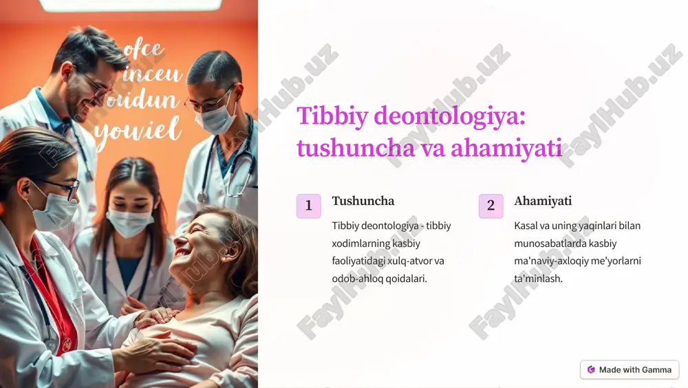 orat va javobgarlik tariblari 3 etik komissiyalar roli etik masalalarni ko'rib chiqish, tahlil qilish, xulosalar chiqarish va amalga oshirish borasidagi jarayonlar https://gamma.app/?utm_source=made-with-gamma xulosa va tavsiyalar 4 asosiy prinsiplar kasbiy mas'uliyat, insonparvarlik, adolatlilik, kasal huquqlari 3 muhim masalalar maxfiylik, etik dilemma va nizolarni hal etish, kasbiy amaliyot 2 etik kodekslari va nazorat tibbiy xodimlar faoliyatini tartibga solish, etik komissiyalar roli 1 asosiy tavsiya tibbiy xodimlar etika va deontologiya masalalariga alohida e'tibor berishi lozim https://gamma.app/?utm_source=made-with-gamma