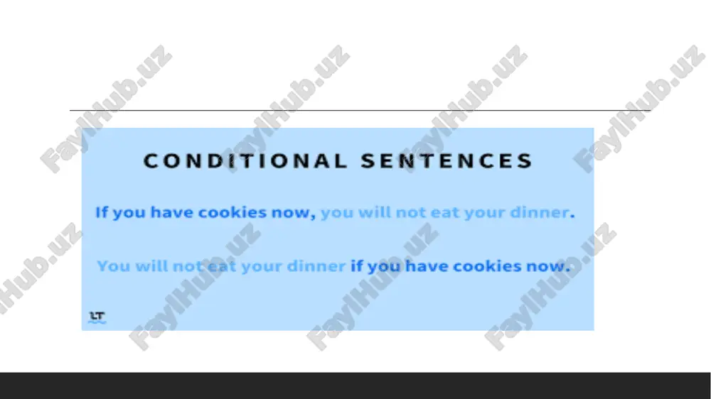 orm:if + present simple, present simple • examples: • if you heat ice, it melts. • plants grow if they get enoug slide 10: 2. first conditionalfirst conditional sentences express realistic future situations contingent on something else happening.the subordinate clause has to be in the simple present tense, followed by a modal verb (like will) or an imperative verb, slide 11 slide 12: • usage: talks about possible or likely situations in the future and their results. • form:if + present simple, will + base verb • examples: • if it rains tomorrow, we will stay home. • you will pass the exam if you study hard. • if she calls, slide 13: 3. second conditionalsecond conditional sentences express hypothetical or unrealistic present or future events.to structure these sentences correctly, the subordinate clause should be in the simple past tense. then, add a past-tense modal verb ( slide 14 slide …