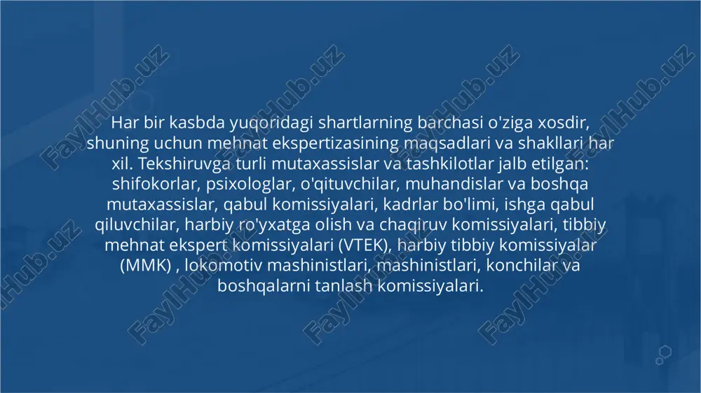 lari yoki muvaffaqiyatsizliklarini oldindan ko'ring, ya'ni. psixoprognostika bilan shug'ullanish juda muhim vazifa, lekin juda qiyin. inson o'z shaxsiy fazilatlariga qo'yiladigan kasb talablarini yaxshi bilishi, uning o'qish va mehnat qilish uchun zarur qobiliyatlari bor-yo'qligini, uning umumiy qobiliyatlari qanday rivojlanib, kasbiy qobiliyatlari shakllantirilishini, o'qitish va mehnatning ushbu turiga qanday bog'liqligini bilishi kerak. o'smirni o'rgatadigan va tarbiyalayotganlar bu ma'lumotlarning barchasini psixodiagnostika uchun bilishlari va bunday bilimlar asosida o'smirning ta'lim va mehnat faoliyatining muvaffaqiyatini bashorat qilishlari mumkin. aynan ular, o'qituvchilar, ekspert komissiyalari bilan birgalikda bashoratli psixologik ekspertiza muammosini hal qilishlari kerak > retrospektiv mehnat ekspertizasi ko'rikdan o'tayotgan shaxsning o'tmishdagi o'quv yoki mehnat faoliyatini baholaydi va uning sodir etgan noto'g'ri xatti-harakatlari, faoliyat sifatining turli shakllari (nikoh, jarohatlar, baxtsiz hodisalar) yomonlashishiga olib kelgan shaxsiy xususiyatlar bilan bog'liqligini aniqlaydi. mehnat psixologiya bo'yicha ekspertiza samaradorlik, qoniqish va farovonlikni oshirish uchun ish joyidagi inson xatti-harakatlarini tushunishni o'z ichiga oladi. ushbu sohadagi mutaxassislar psixologik tamoyillarni xodimlarni tanlash, o'qitish, motivatsiya, etakchilik …