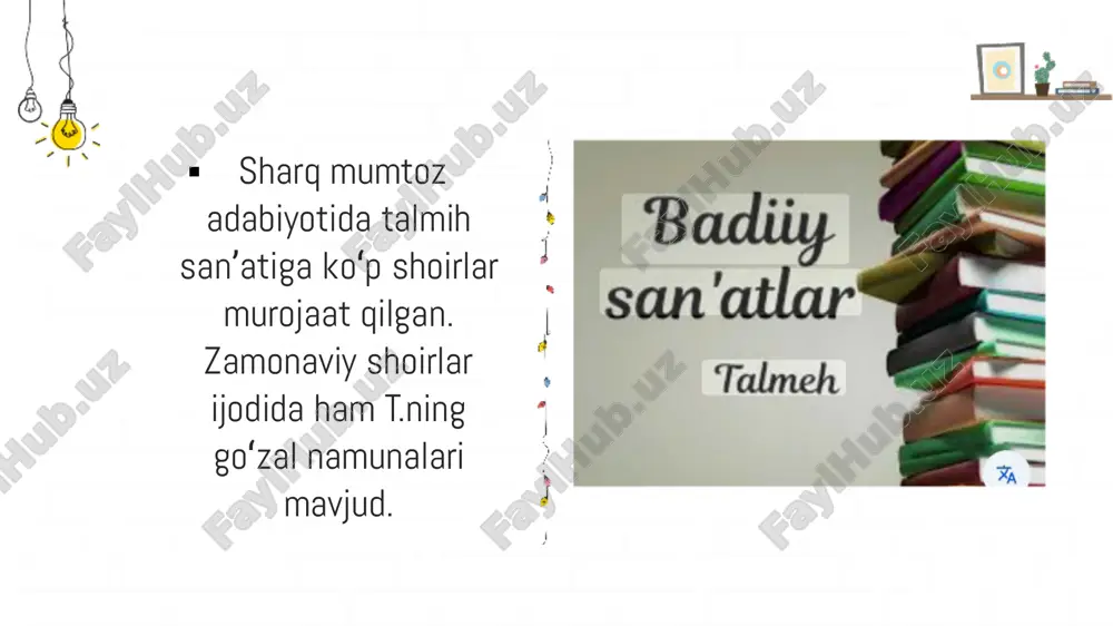 ur ijodidan boshlab 2 misrasida t. soʻzlar qofiya boʻlib keluvchi fardlar ham yaratila boshlagan. t. 15-asr oʻzbek sheʼriyatida yusuf amiriy, lutfiy, navoiy yaratgan tuyuqlarda keng qoʻllangan. uning sanʼat sifatidagi namunalari bobur, ubaydiy, munis, uvaysiy, komyob, ogahiy, amiriy, rojiy margʻiloniy sheʼriyatida ham uchraydi. keyinchalik: habibiy, charxiy, gʻafur gʻulom, vosit saʼdulla va boshqa t.larning original turlarini topishib, sheʼriyatga kiritdilar. t. xalq ogʻzaki ijodida ham badiiylikni yuzaga keltirish omillaridan biri boʻlib kelgan. e'tiboringiz uchun raxmat ! zoho show to create beautiful presentations, download zoho show from play store https://zoho.to/cy7 untitled presentation.pdf (this pdf has been generated using zoho show)