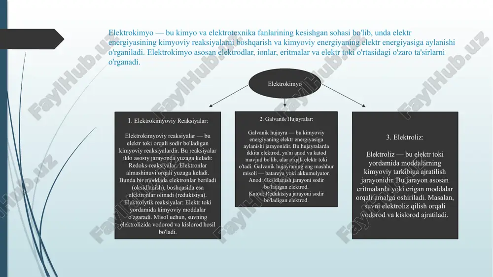 blar bo'lib, ular elektrokimyoviy reaksiyalarni asos qilib oladi. bu sensorlar orqali gazlar, ionlar yoki boshqa kimyoviy moddalar mavjudligini aniqlash mumkin. elektrokimyo zamonaviy texnologiyalarning ko'plab sohalarida, jumladan, energiya saqlash tizimlari, ekologiya, analitik kimyo, elektronika va korroziyaga qarshi kurashish kabi sohalarda katta ahamiyatga ega. eritmada boradigan elektrokimyoviy jarayonlar — bu eritmadagi ionlar va molekulalar o'rtasidagi kimyoviy reaksiyalarni o'rganadi. bu jarayonlar odatda eritmadagi elektrodlar orqali elektr toki oqib o’tishi yoki kimyoviy o’zgarishlarni keltirib chiqarish orqali sodir bo’ladi. eritmalar elektrokimyoviy jarayonlarda elektr toki va ionlar yordamida o'zgaradi, va bu jarayonlar quyidagi asosiy turlarga bo'linadi: 1. eritmada oksidlanish va reduksiya (redoks) jarayonlari: oksidlanish va reduktsiya reaksiyalari elektrokimyoviy jarayonlarning asosidir. eritmada bu reaksiyalar ikki elektrod (anod va katod) orqali yuzaga keladi. oksidlanish jarayonida ionlar elektron yo'qotadi, reduktsiya jarayonida esa elektronlar qabul qilinadi. oksidlanish (anodda): bir moddadan elektronlar ayrilib, moddaning oksidlanish darajasi oshadi. masalan, natriy (na) yutilib, na⁺ ioniga aylanishi. reduktsiya (katodda): modda elektronlarni qabul qiladi. masalan, …